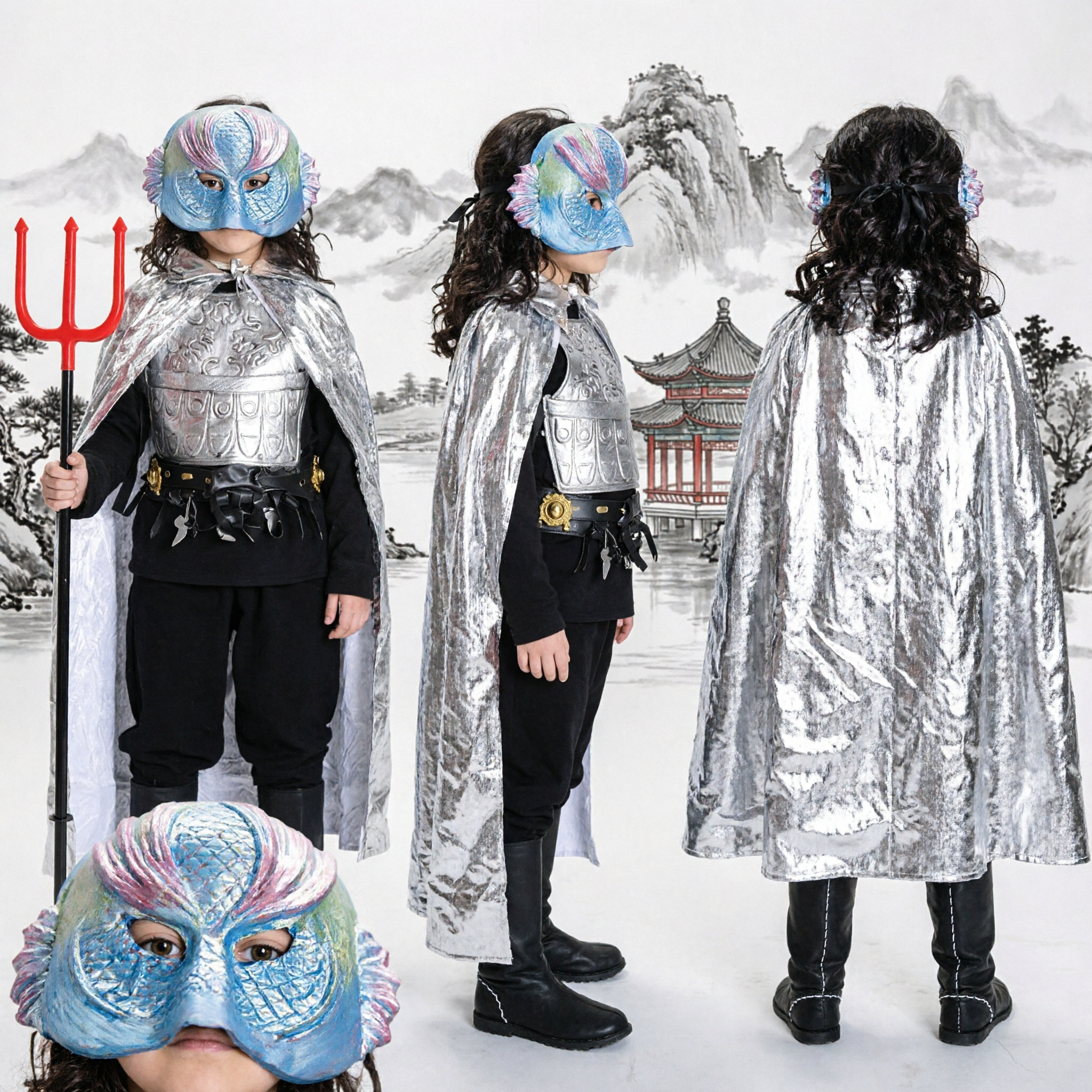 Boys Traditional Chinese Opera Dragon King Costume Set with Silver Armor Mask and Trident Prop