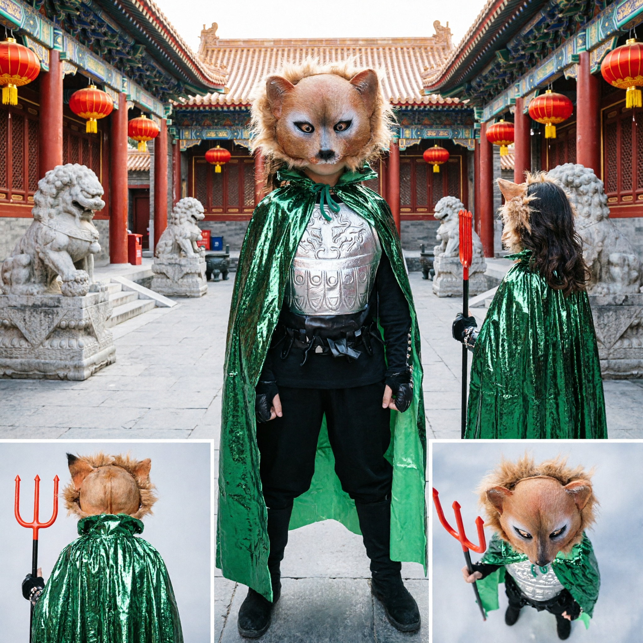 Chinese Traditional Fox Spirit Warrior Costume Set with Mask Armor and Trident for Stage Performance Cosplay