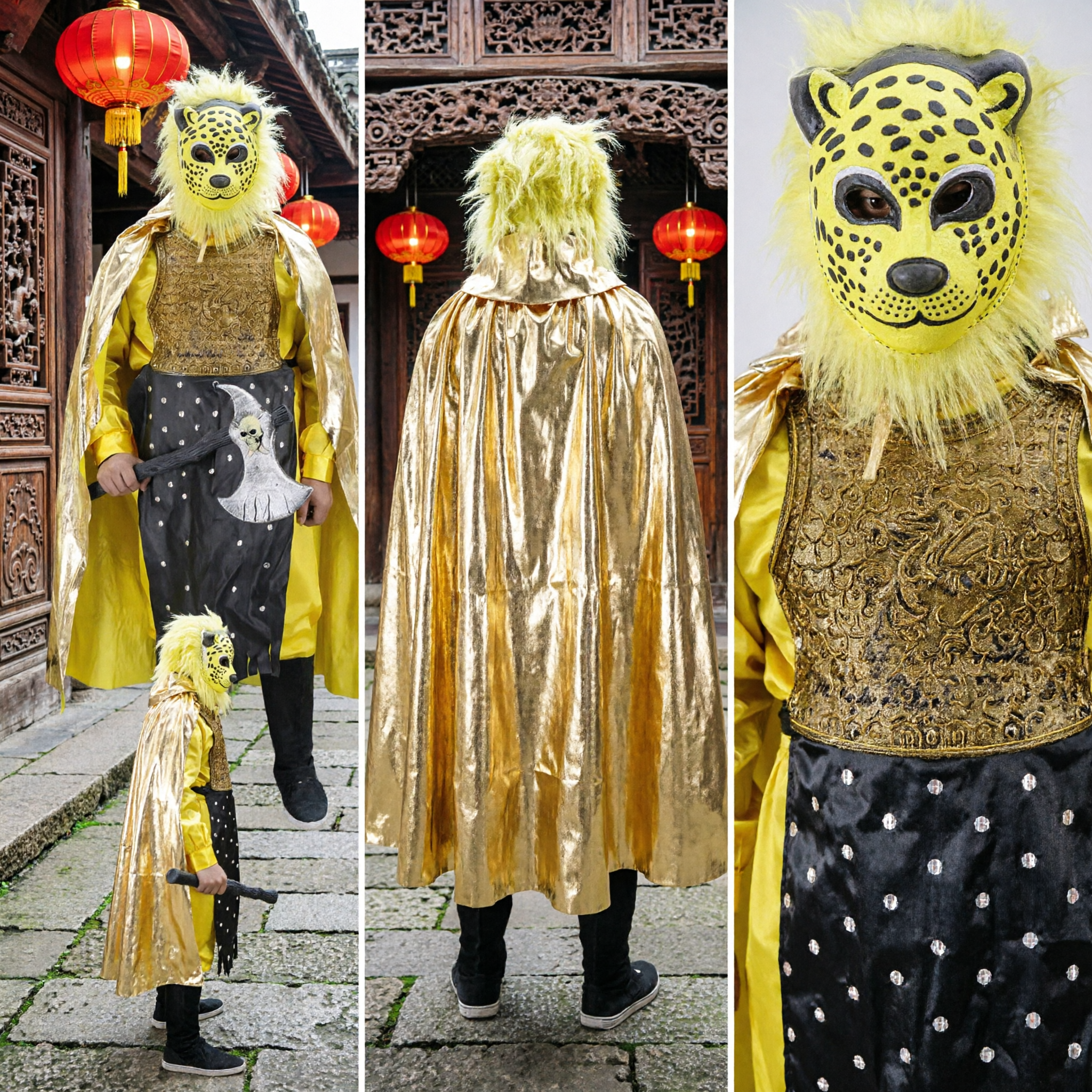 Chinese Traditional Opera Leopard Warrior Costume with Mask Gold Armor and Cape for Stage Performance and Cosplay