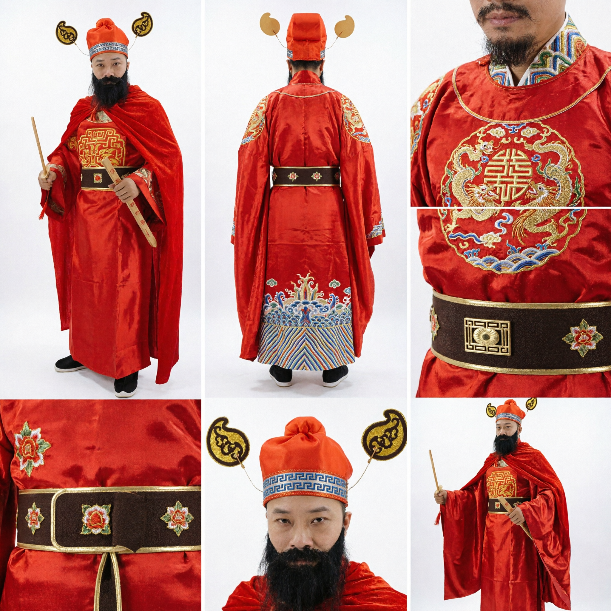 Traditional Chinese God of Wealth Costume Men's Ancient Official Red Robe Caishen Outfit for Lunar New Year Performance