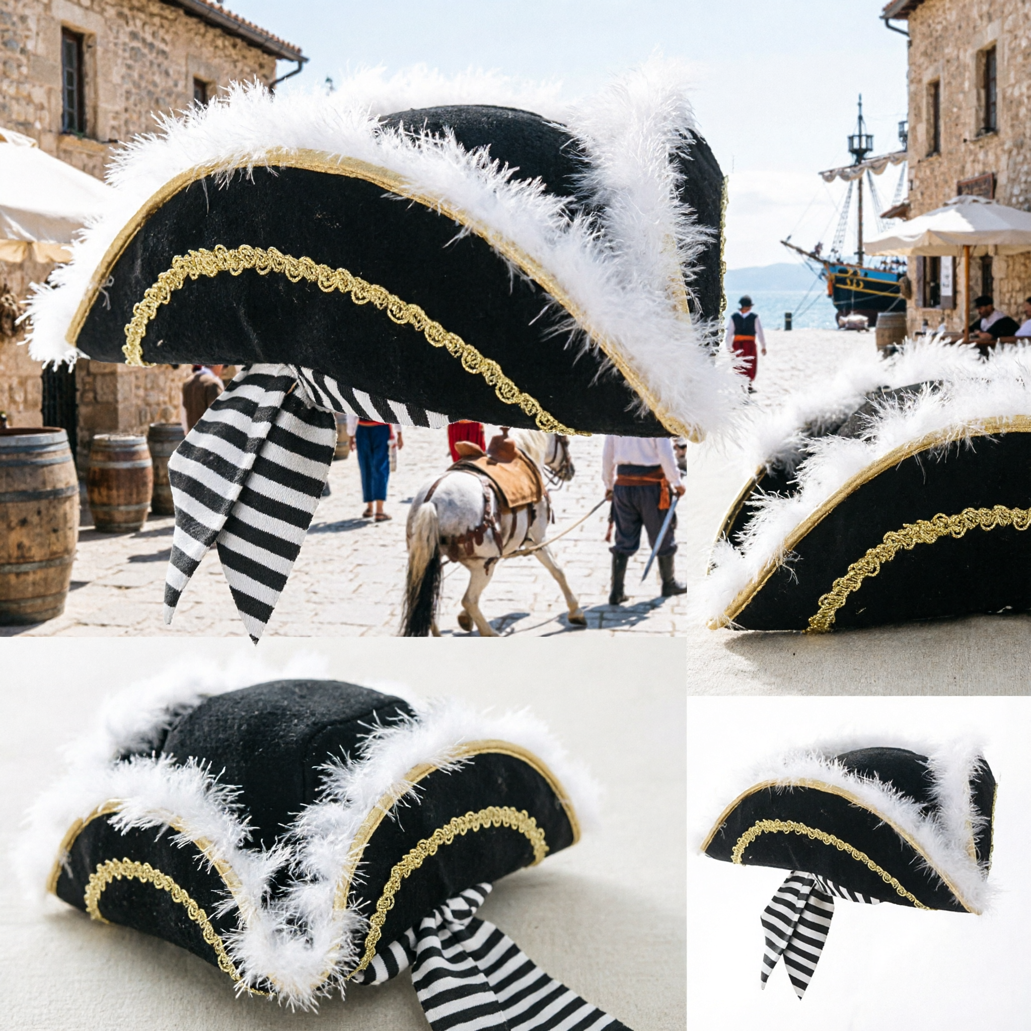 Black Colonial Tricorn Hat with White Feathers and Gold Braid for Pirate Musketeer Costume Party