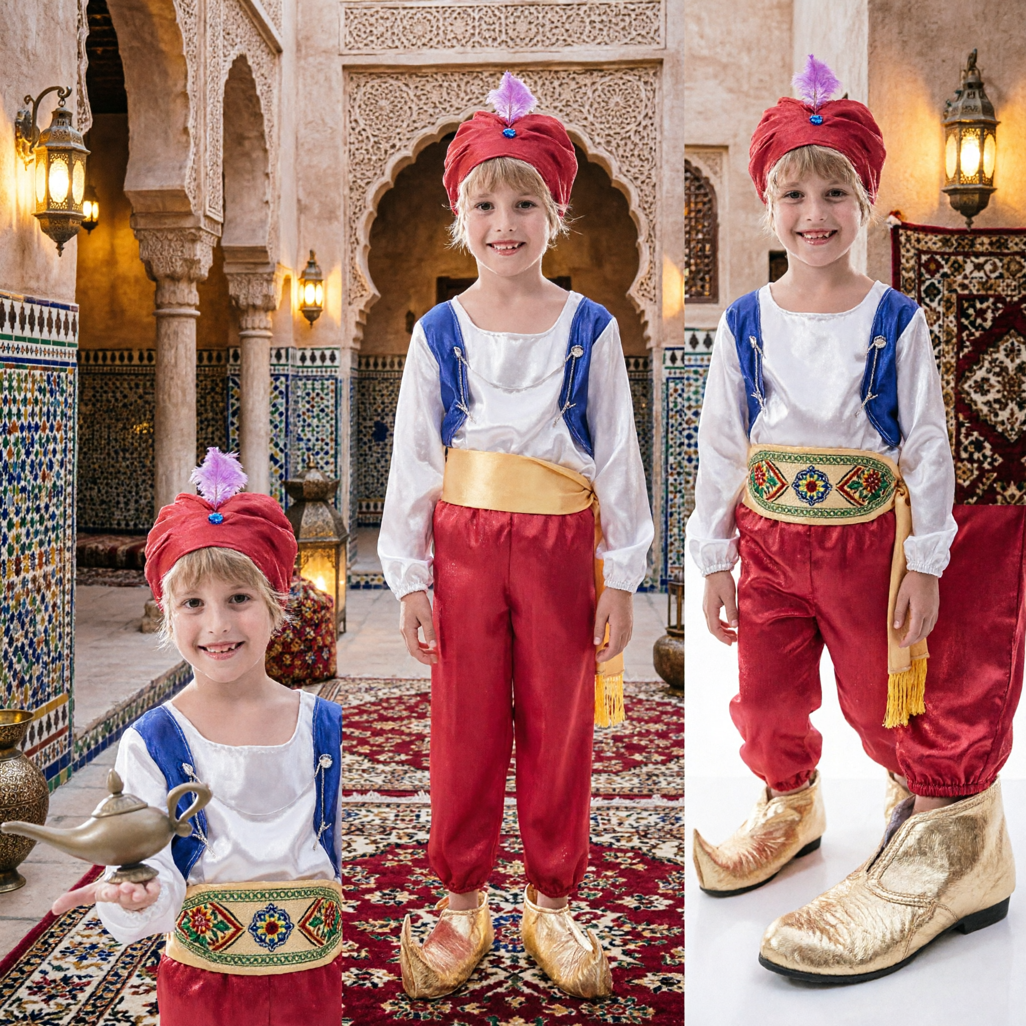 Kids Aladdin Arabian Prince Costume Set Boy Halloween Cosplay Outfit with Turban Lamp and Shoes