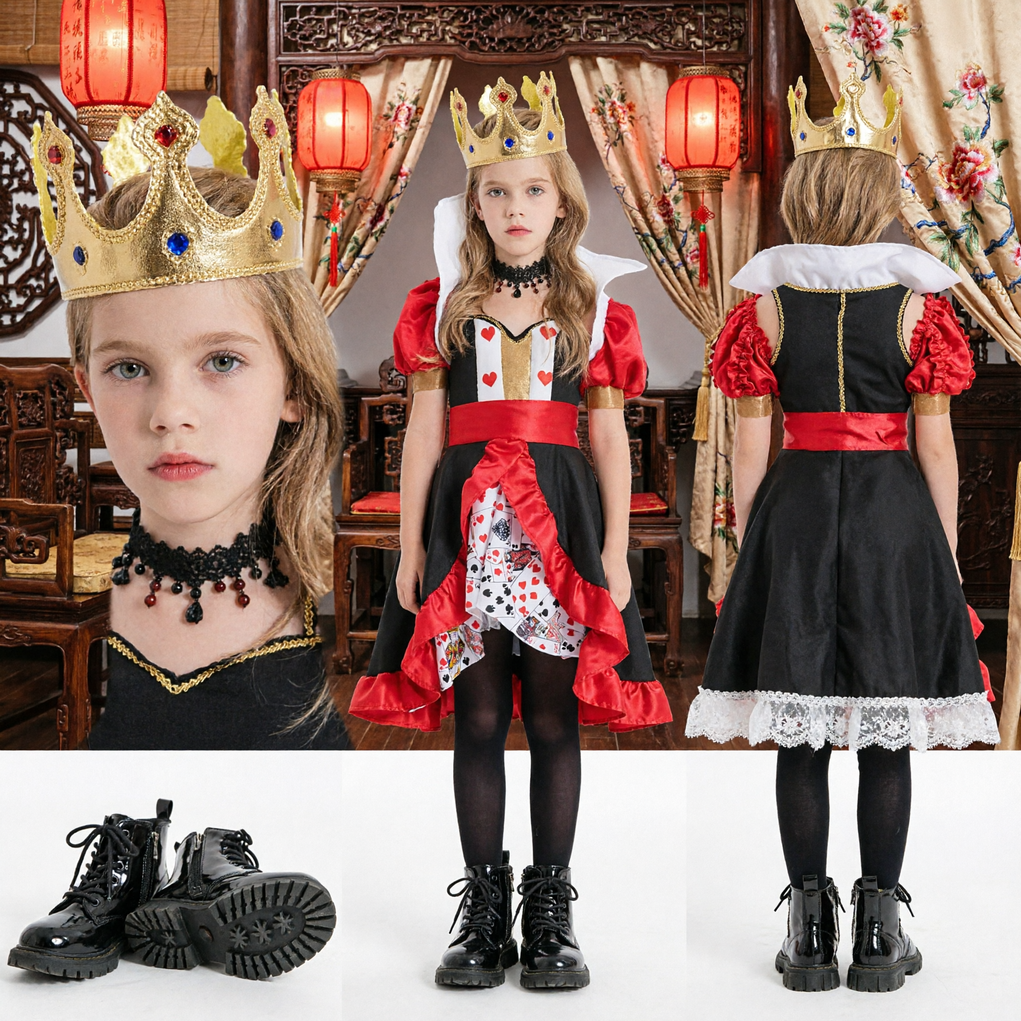 Girls Queen of Hearts Costume Alice in Wonderland Fancy Dress Up Outfit for Halloween Cosplay Party with Crown