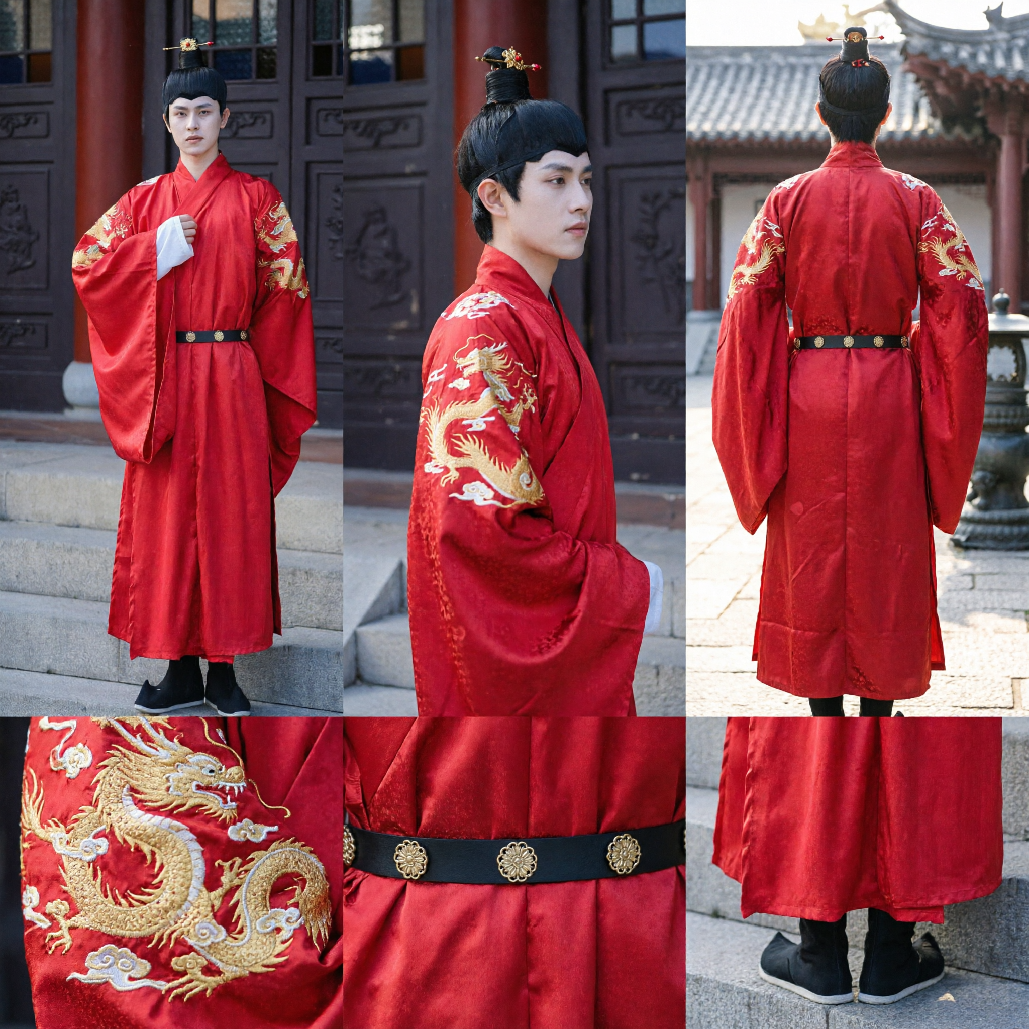Men's Red Hanfu Traditional Chinese Wedding Groom Robe Ancient Official Costume with Gold Embroidery Outfit