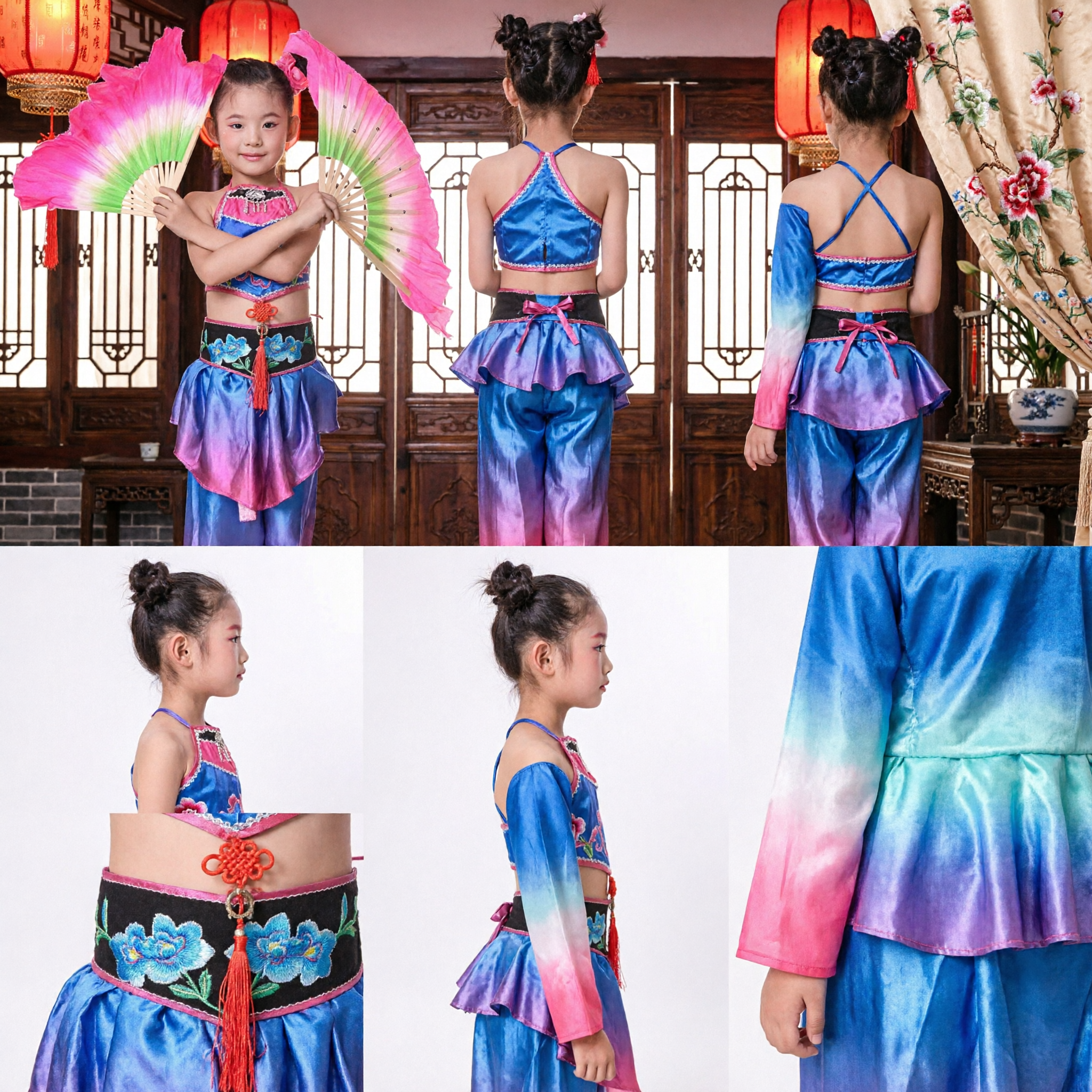 Traditional Chinese Fan Dance Costume for Kids Girls Yangge Folk Dance Stage Performance Dress