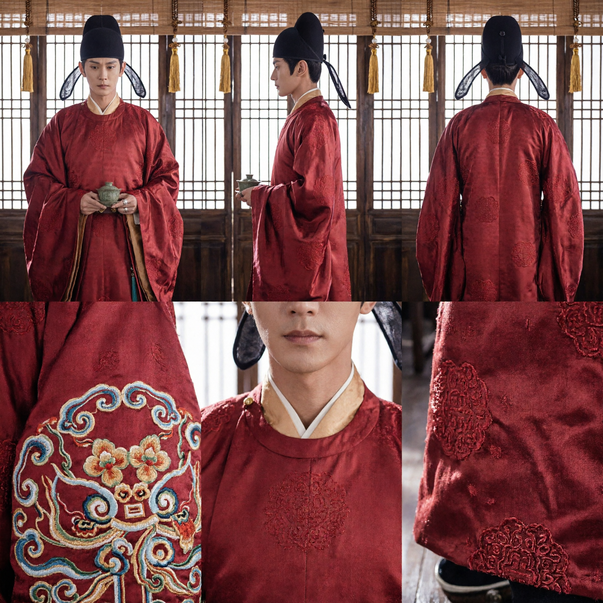 Ancient Chinese Men Red Tang Dynasty Official Robe Traditional Hanfu Costume for Historical Cosplay