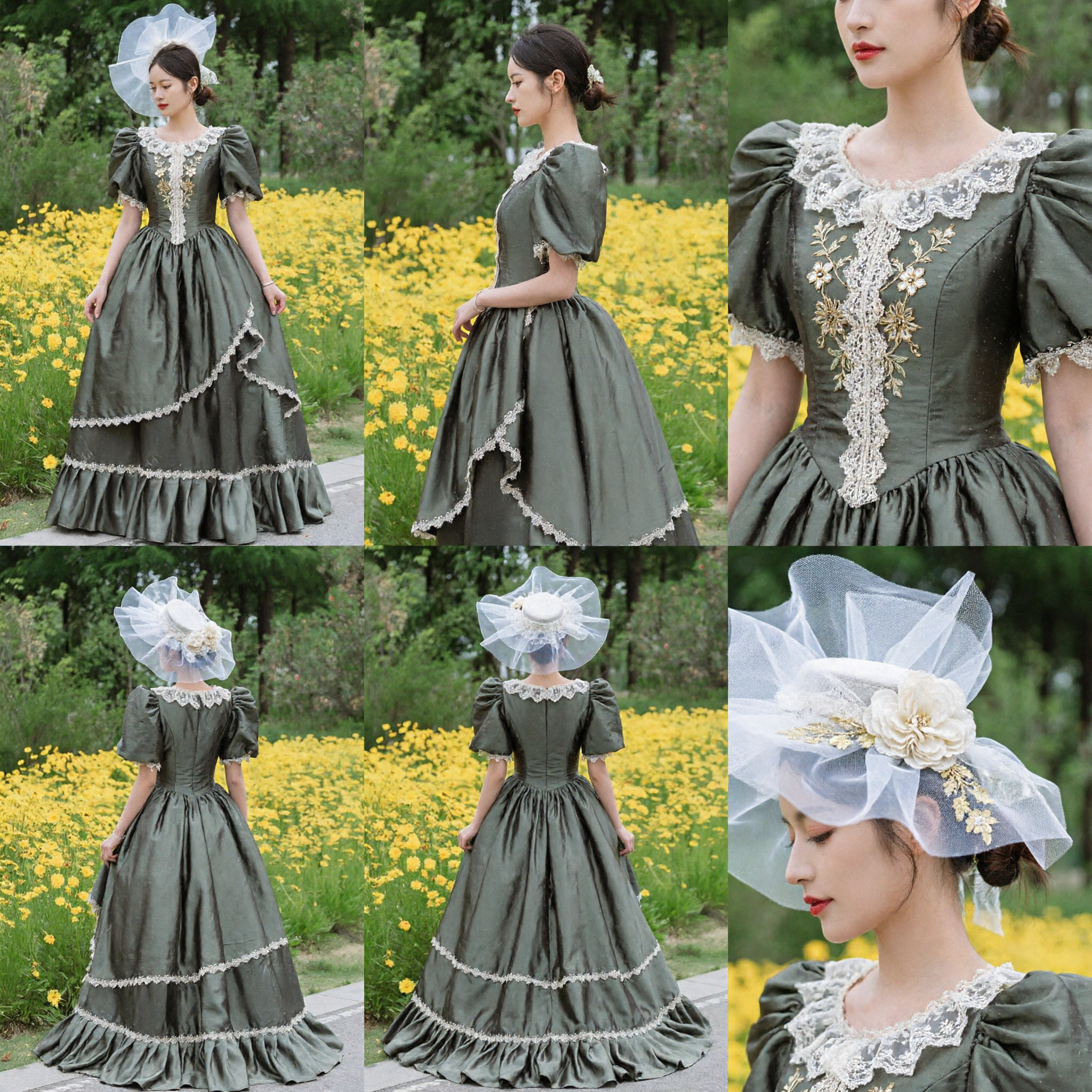 Elegant Sage Green Victorian Era Ball Gown with Lace Trim and Puff Sleeves for Women Cosplay