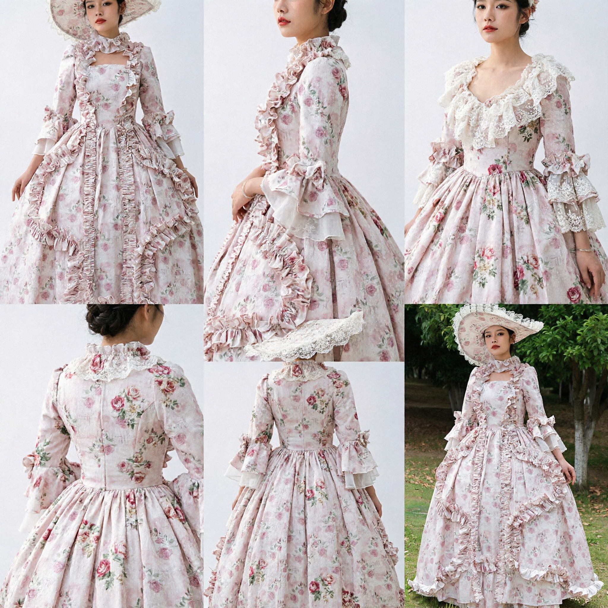 Elegant Pink Floral Rococo Ball Gown with Hat Marie Antoinette Historical Costume for Women Parties