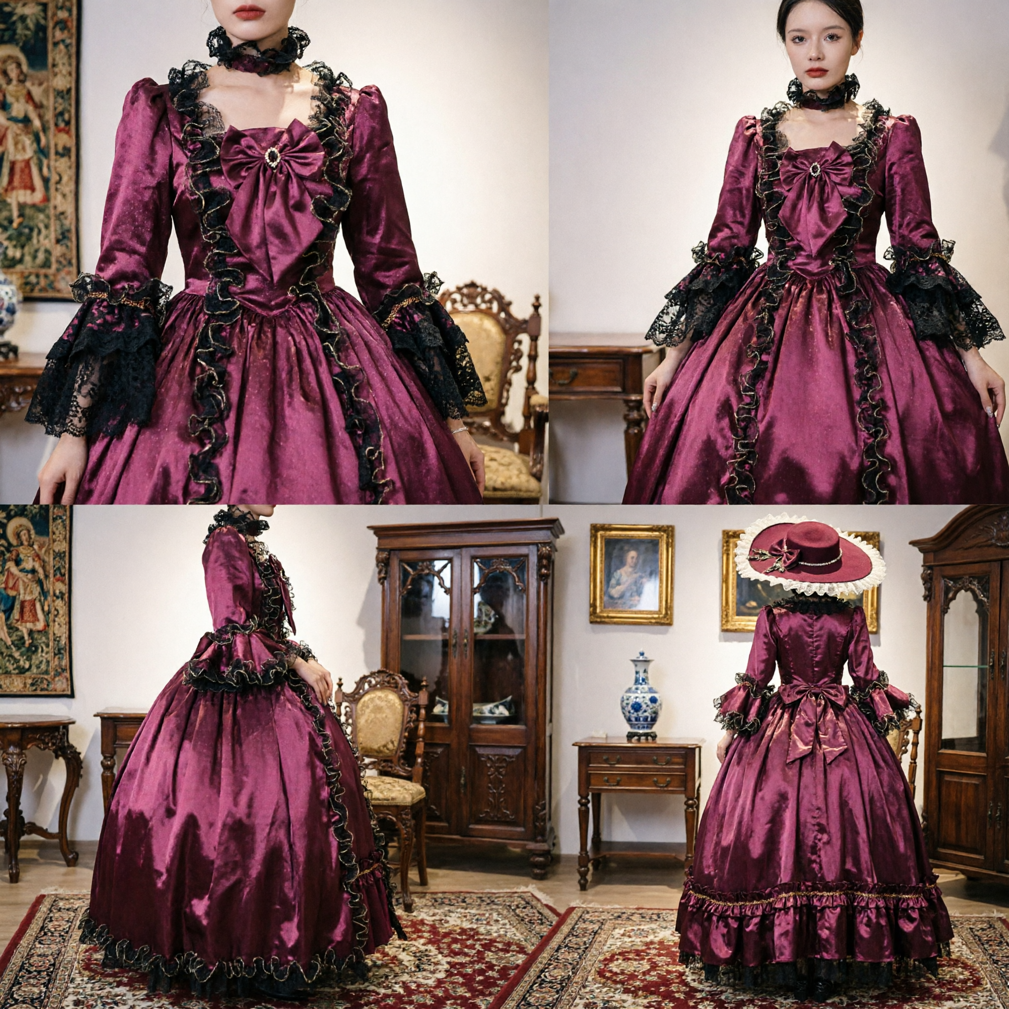 Women's Purple Satin Victorian Rococo Ball Gown Marie Antoinette Cosplay Costume for Halloween Party