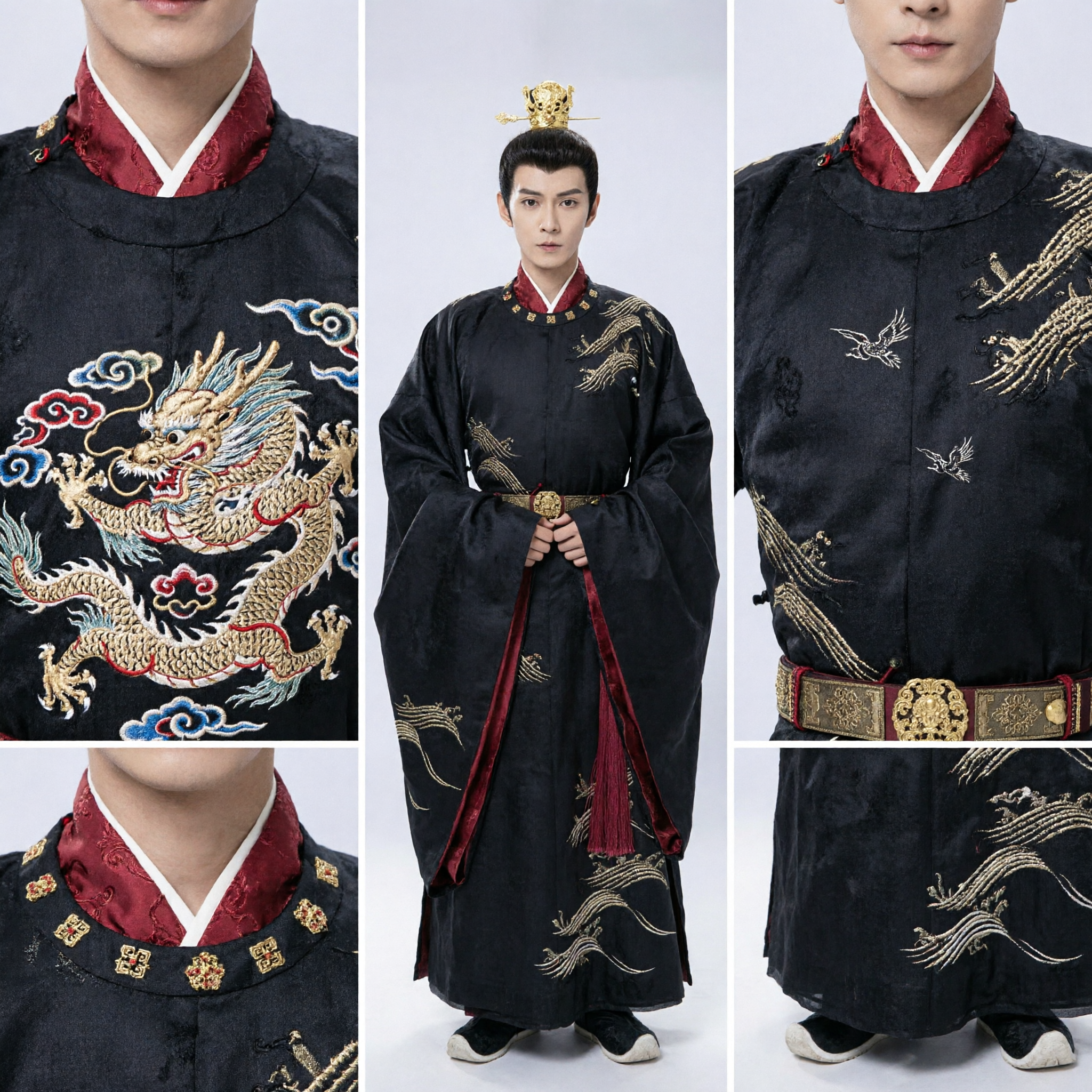Ancient Chinese Prince Costume Men's Black Hanfu Robe with Gold Embroidery Traditional Historical Clothing