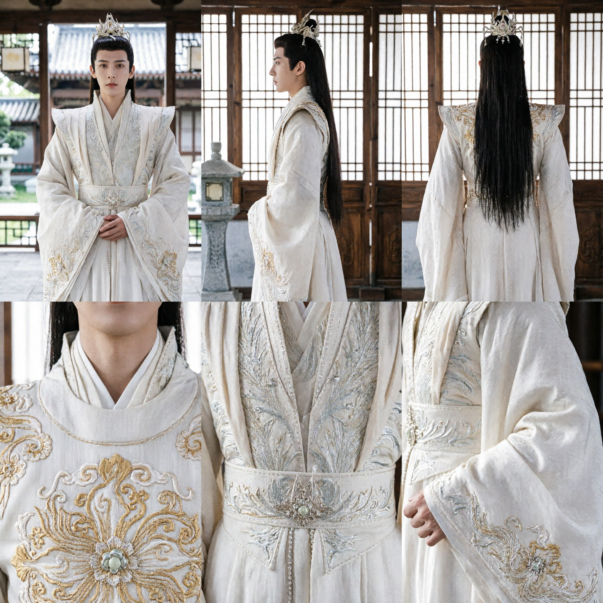 Men's White Ancient Chinese Hanfu Costume with Silver Crown for Drama Cosplay and Performance