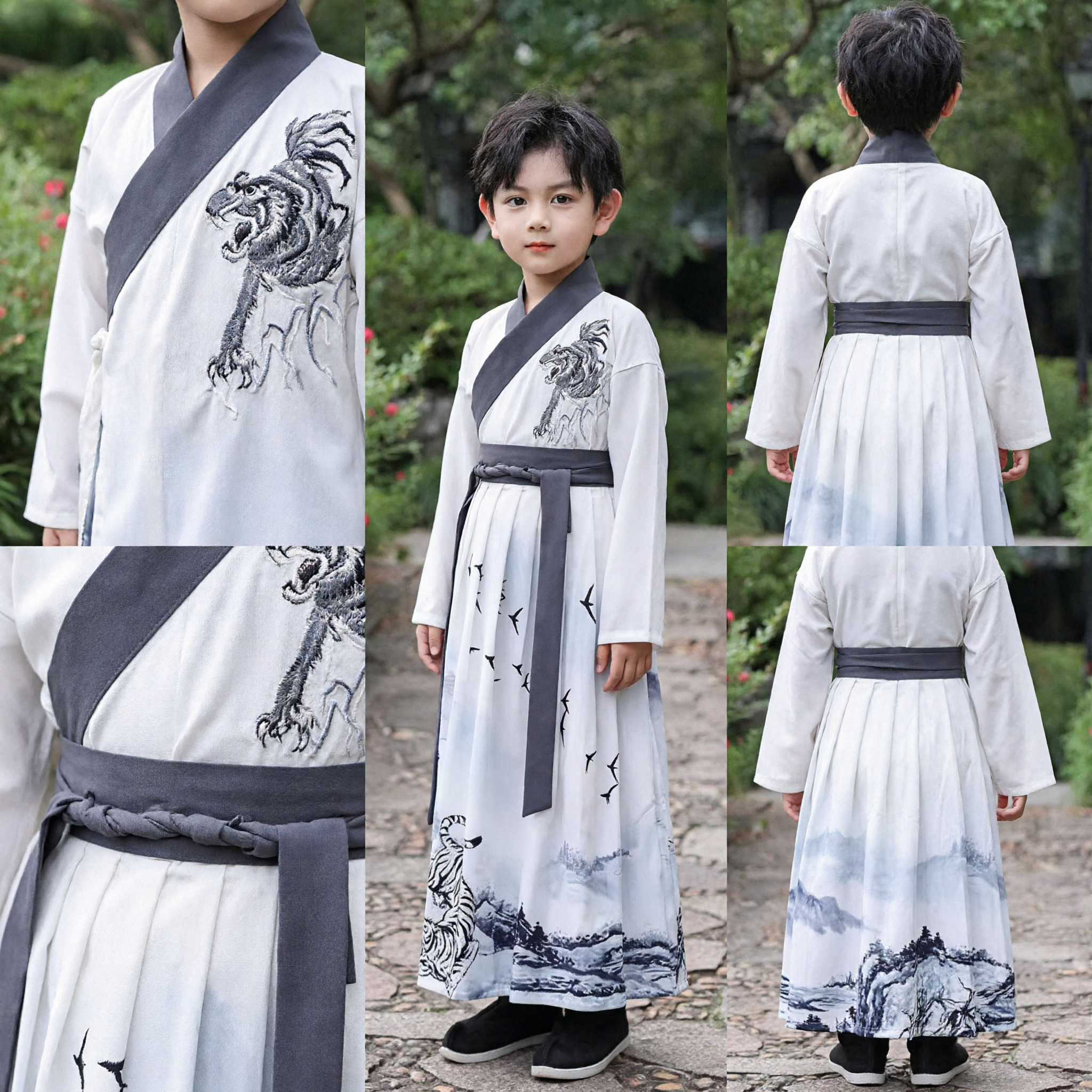 Traditional Chinese Hanfu Costume for Boys Kids Ancient Ink Wash Tiger Print Robe for Performance