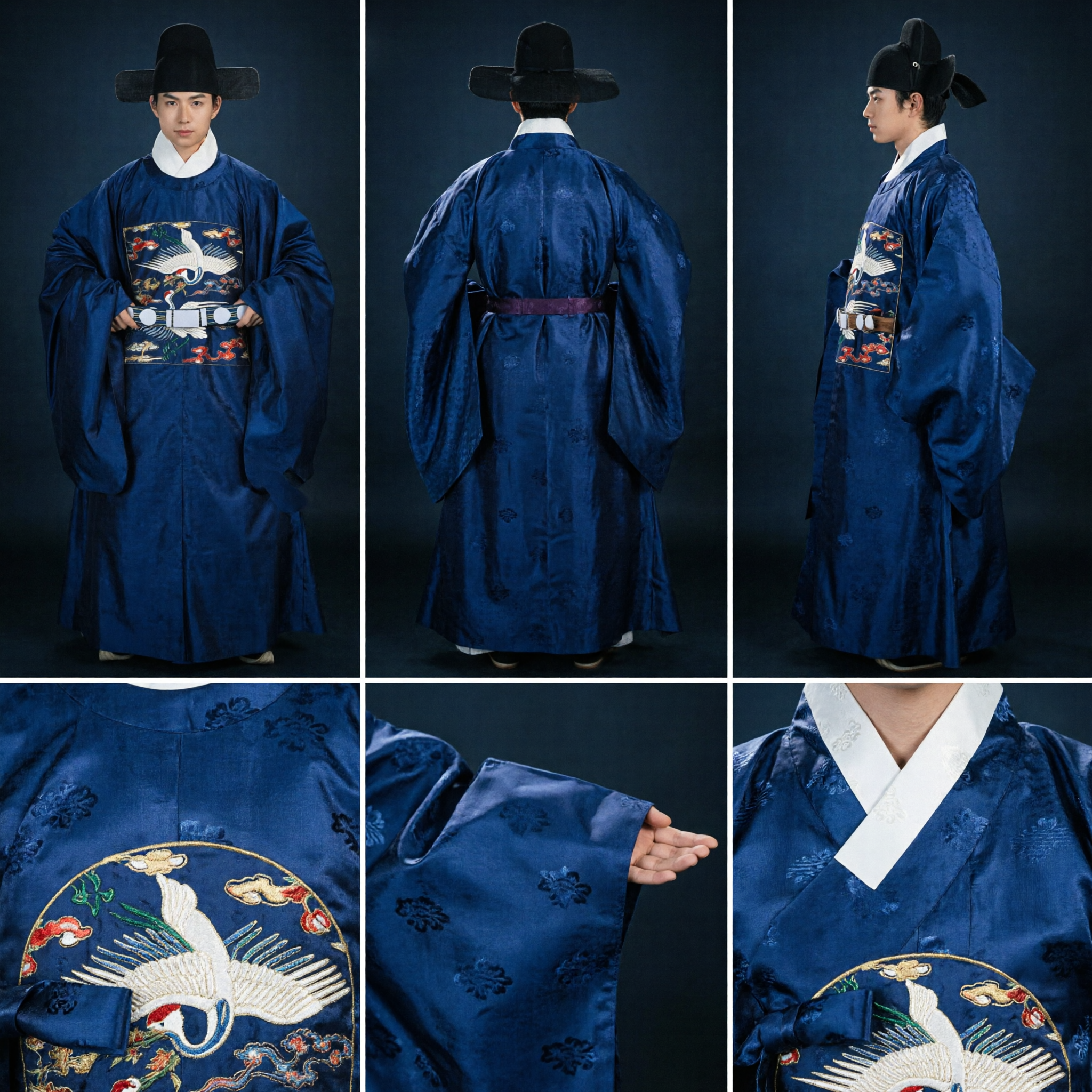 Men's Ming Dynasty Official Robe Traditional Chinese Hanfu Costume Blue Crane Embroidery for Cosplay