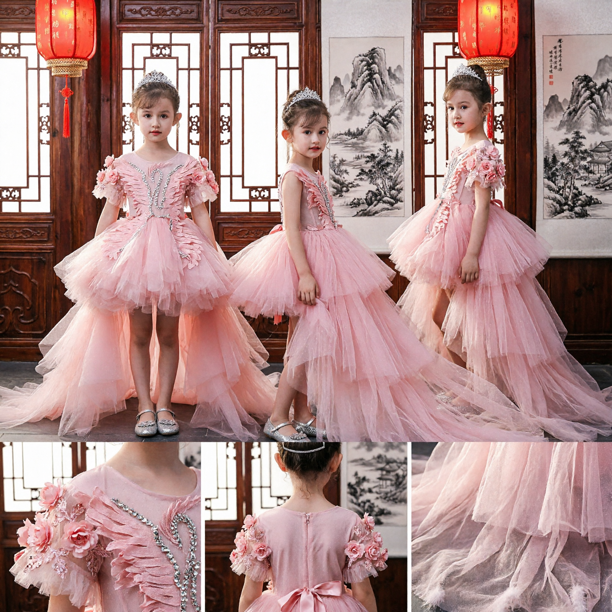 Elegant Pink Tulle Princess Gown for Girls Flower Girl Wedding Pageant Party Dress with Sequins