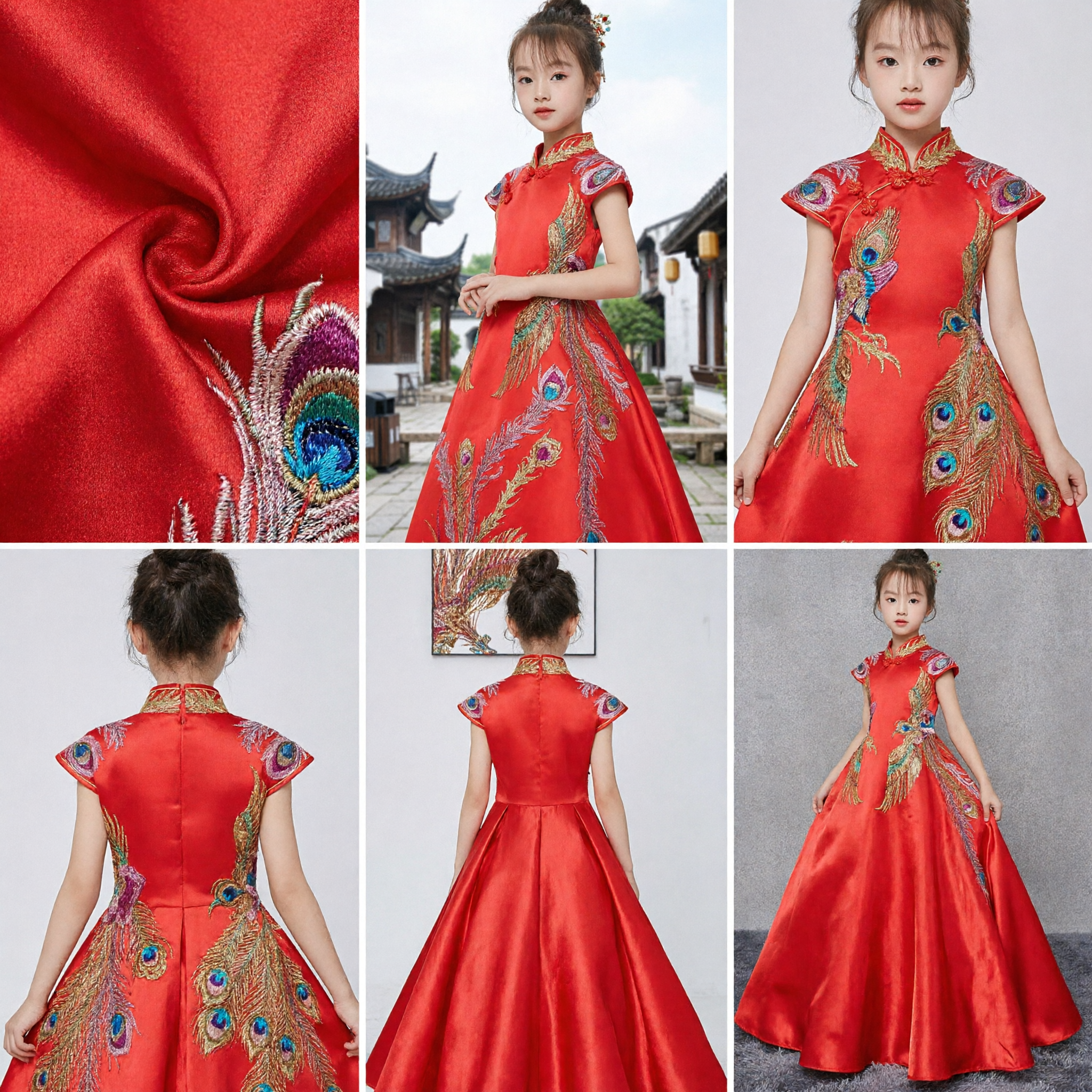 Kids Girls Red Chinese Traditional Phoenix Embroidery Cheongsam Ball Gown for Wedding Party Dress
