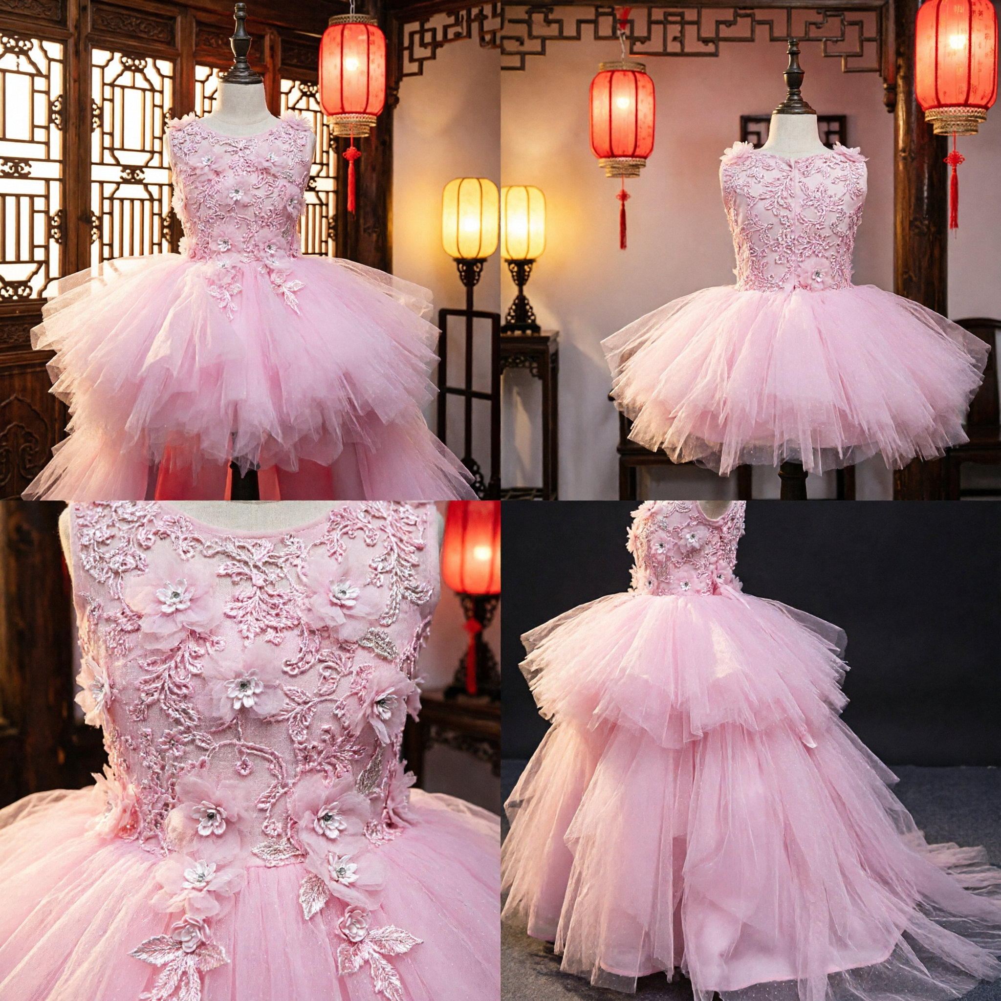 Pink Flower Girl Dress Princess Ballgown Lace Floral Bodice Tulle Skirt Wedding Pageant Gown with Long Train