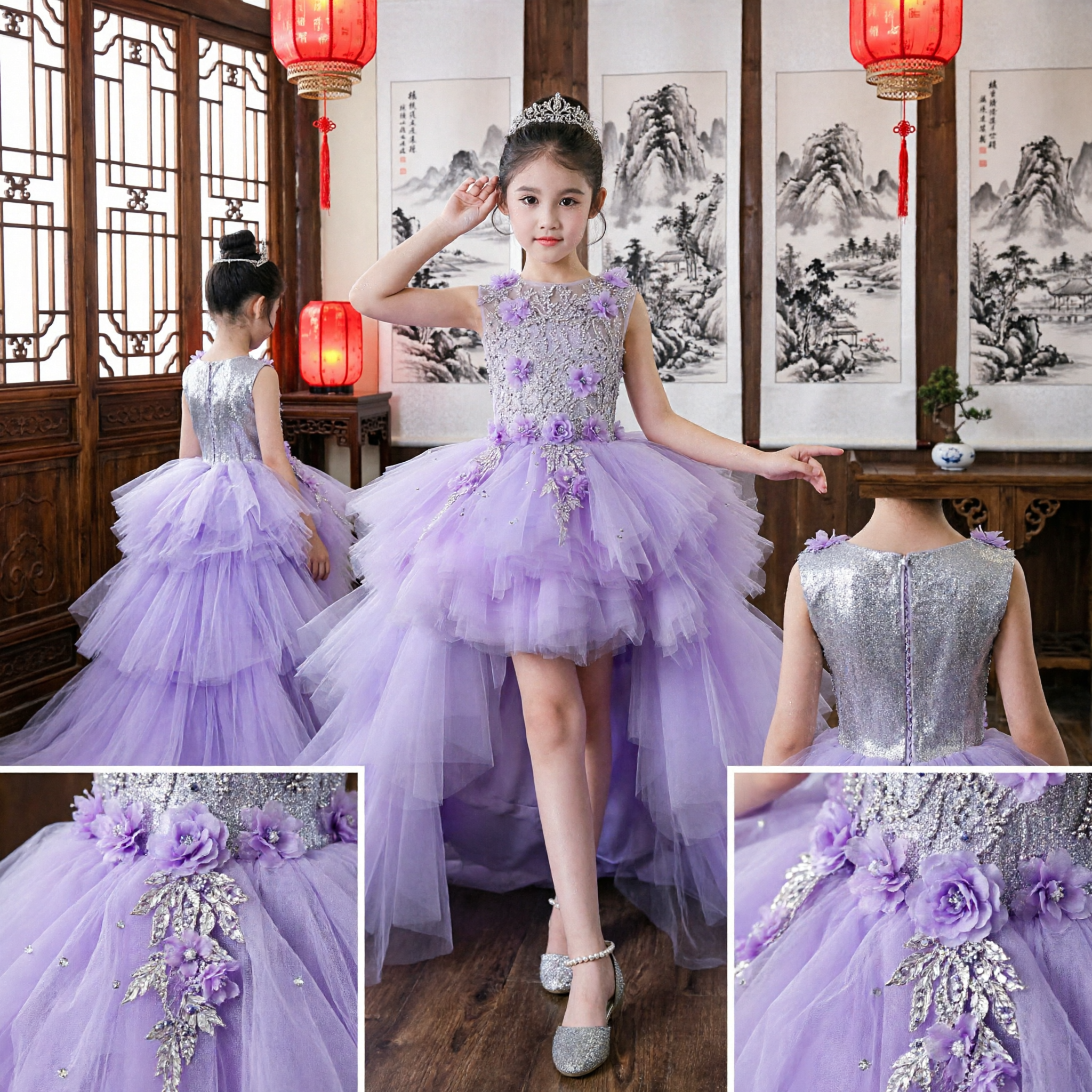 Girls Purple High-Low Flower Girl Dress with Floral Applique Tulle Skirt for Wedding Party Pageant Performance