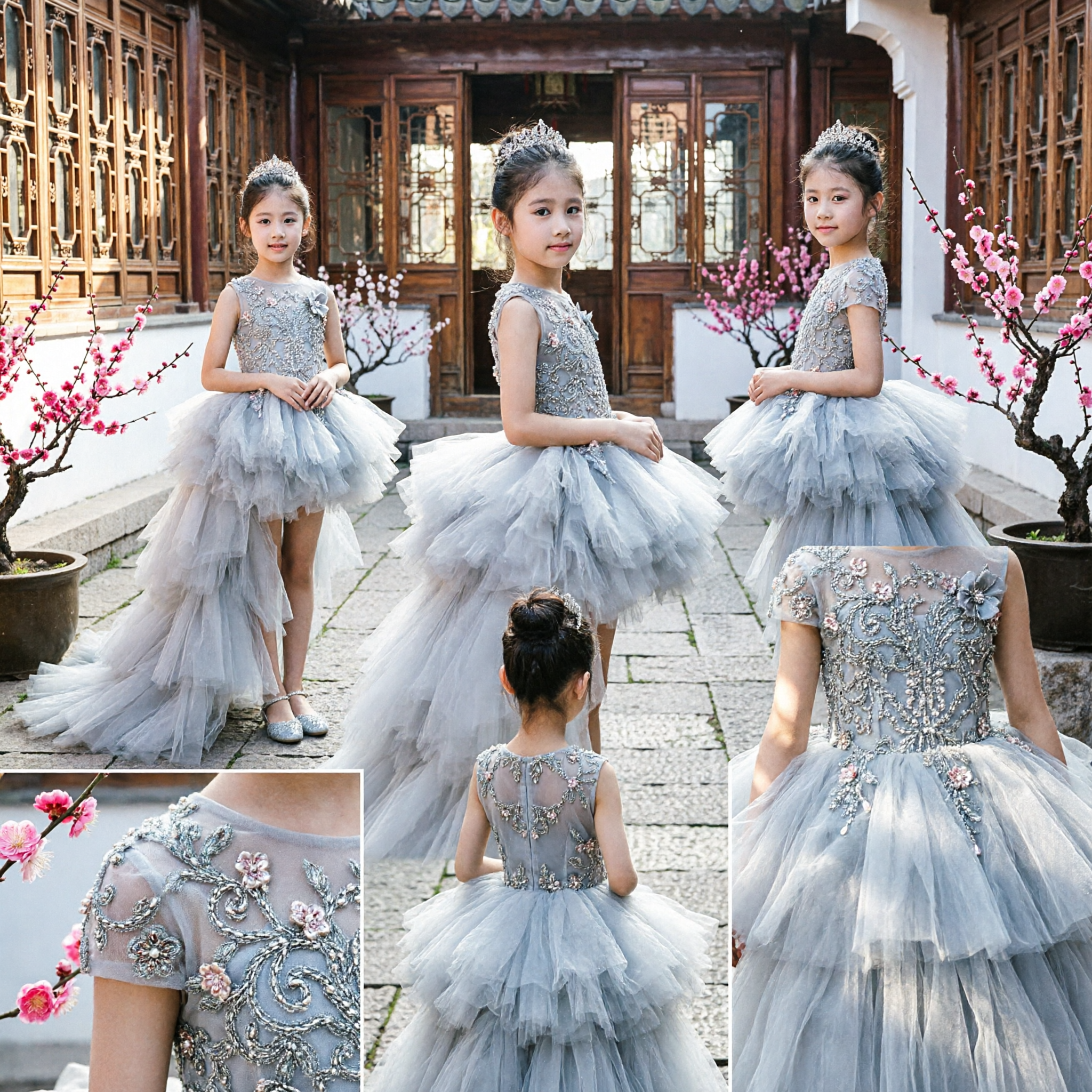 Elegant Girls Silver Grey Tulle Ball Gown Princess Dress Formal Wedding Pageant Party Gown with Layers