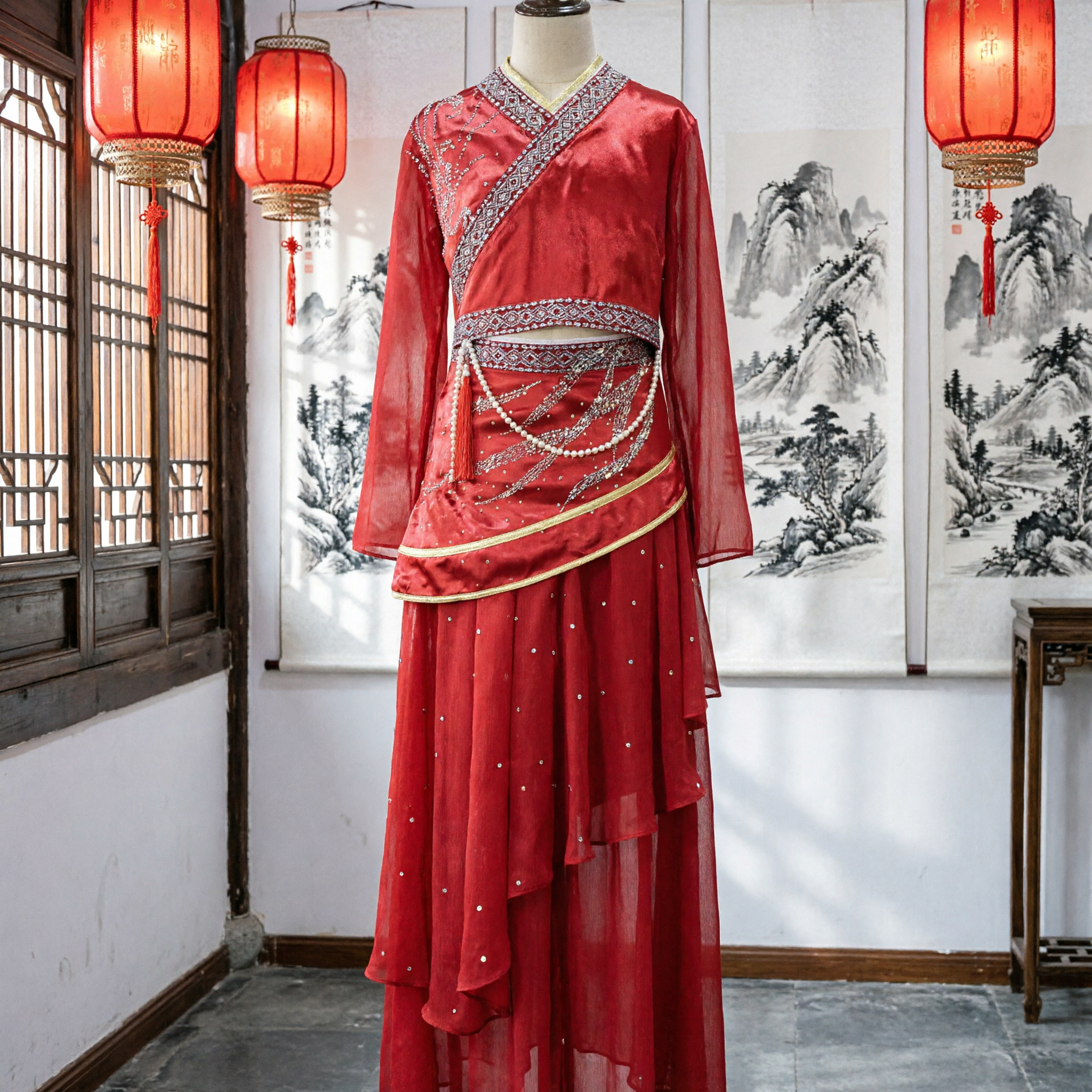 Women's Red Chinese Traditional Ethnic Dance Costume Folk Stage Performance Dress with Beading Details