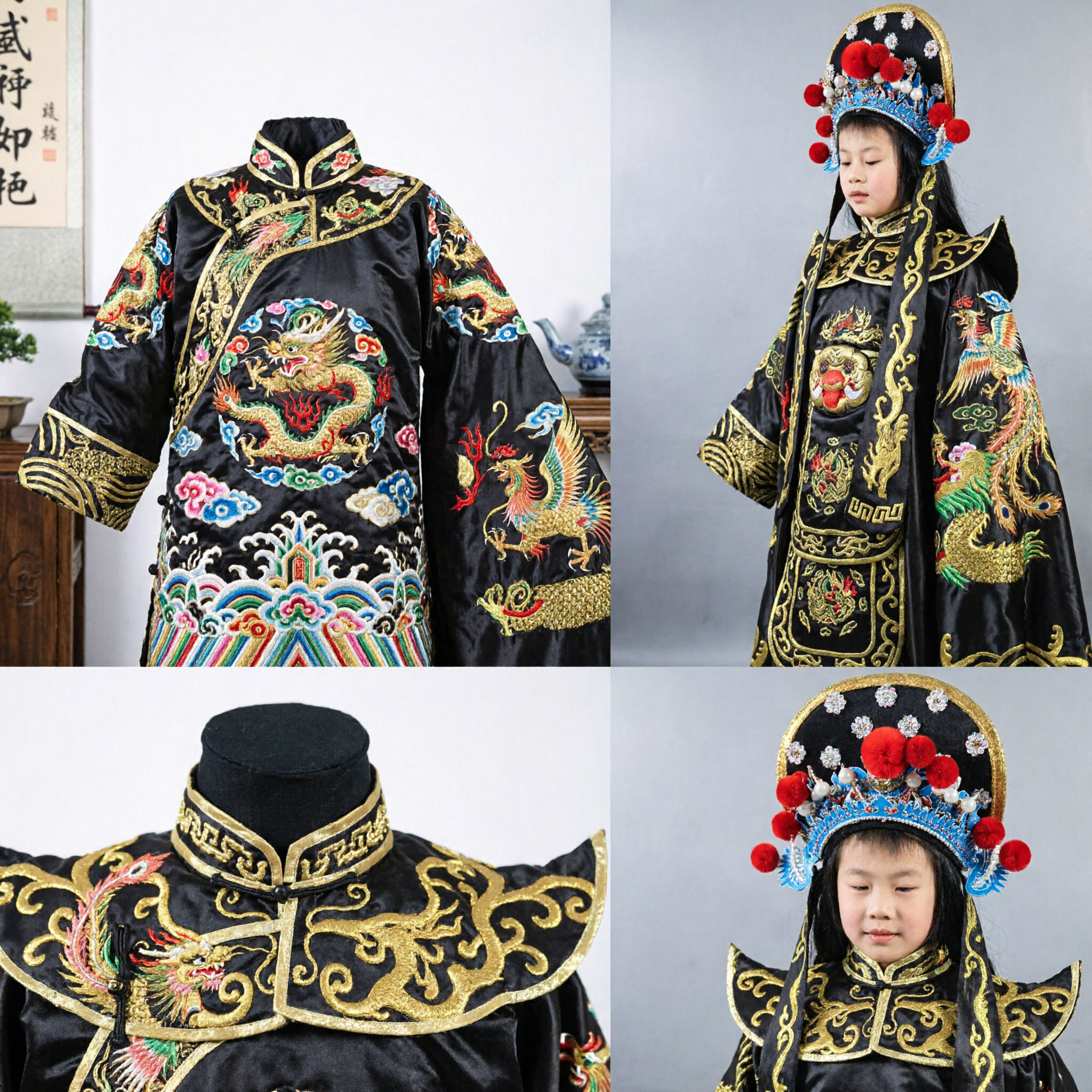 Traditional Chinese Peking Opera Costume for Kids Black General Dragon Embroidery Headdress Stage Performance Outfit