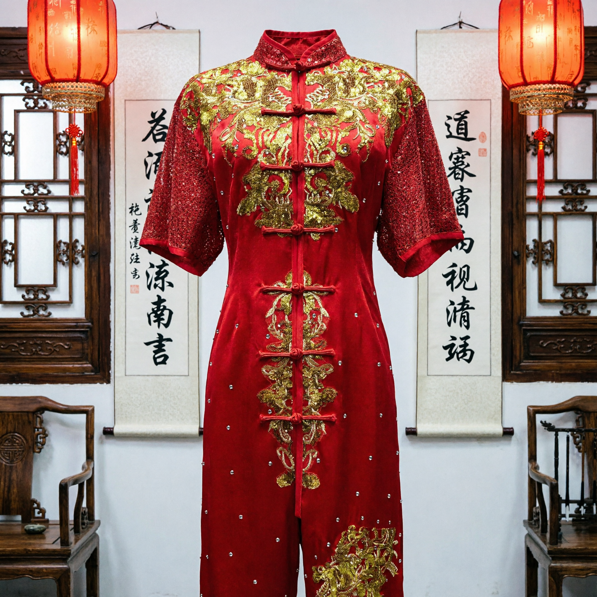 Traditional Chinese Red Dragon Embroidered Kung Fu Uniform Set for Martial Arts and Lion Dance Performance