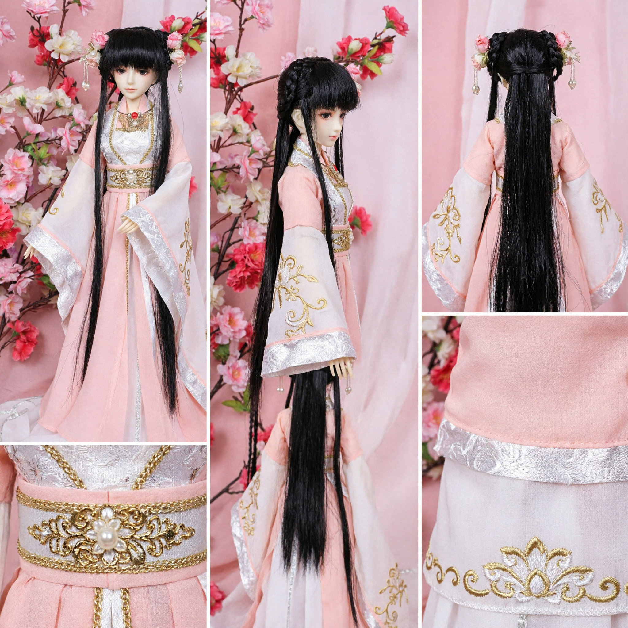 Exquisite Pink Hanfu Ball Jointed Doll in Traditional Chinese Ancient Costume with Floral Accessories for Collectors