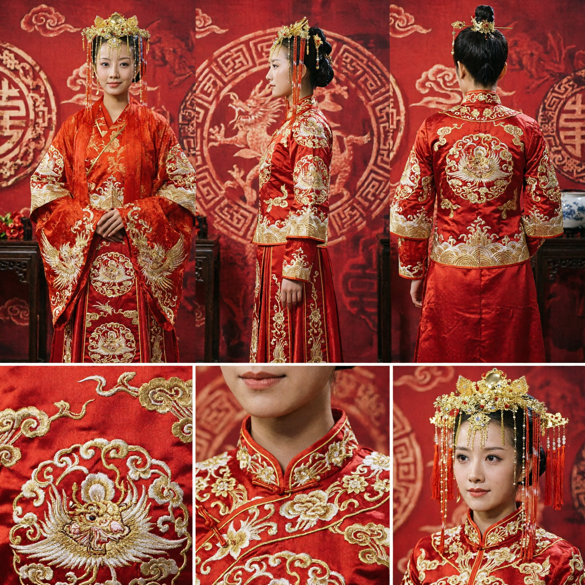 Traditional Chinese Wedding Hanfu Red Bridal Gown with Gold Phoenix Crown Headpiece for Women