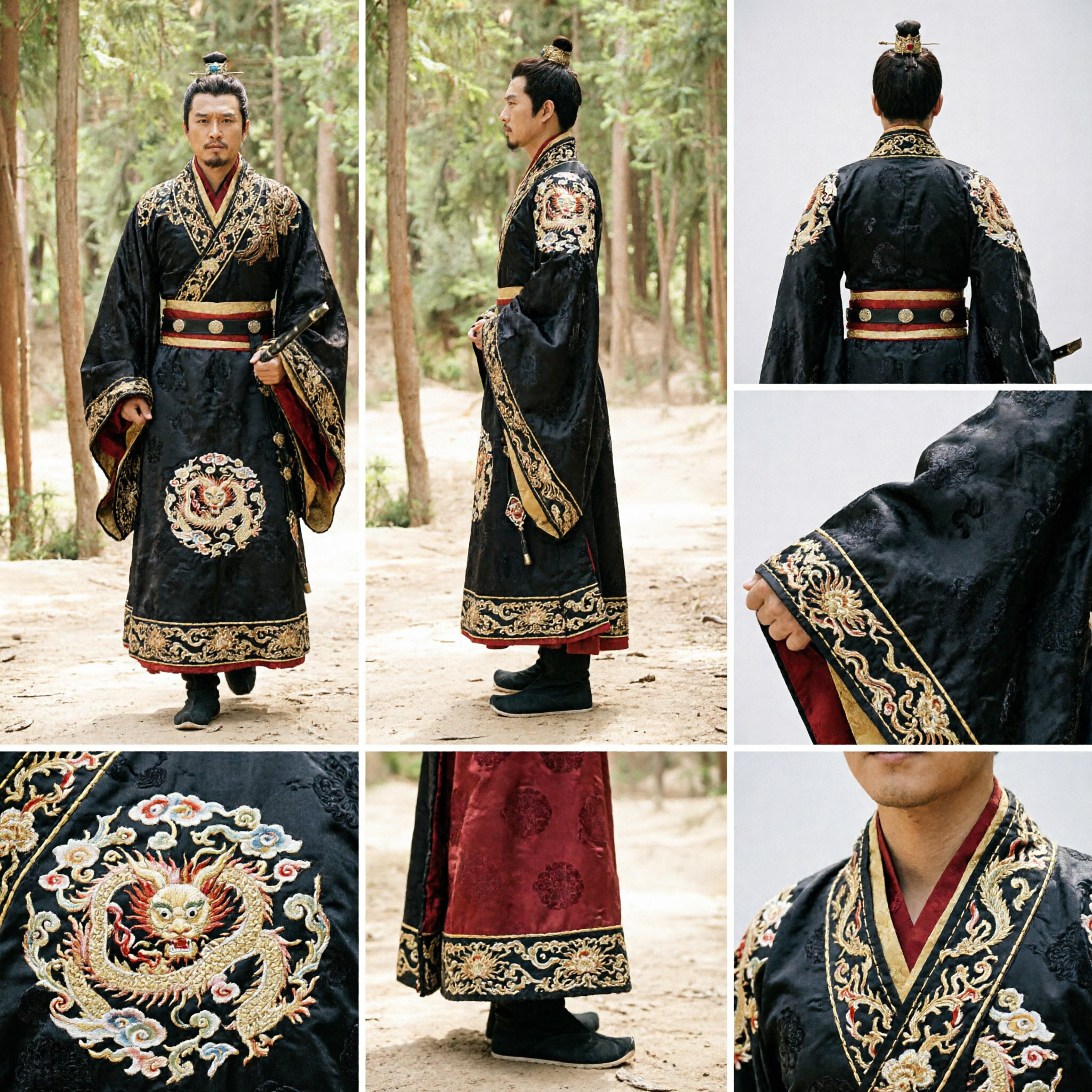 Men's Traditional Chinese Hanfu Emperor Costume Black and Gold Historical Cosplay Robe for Photography