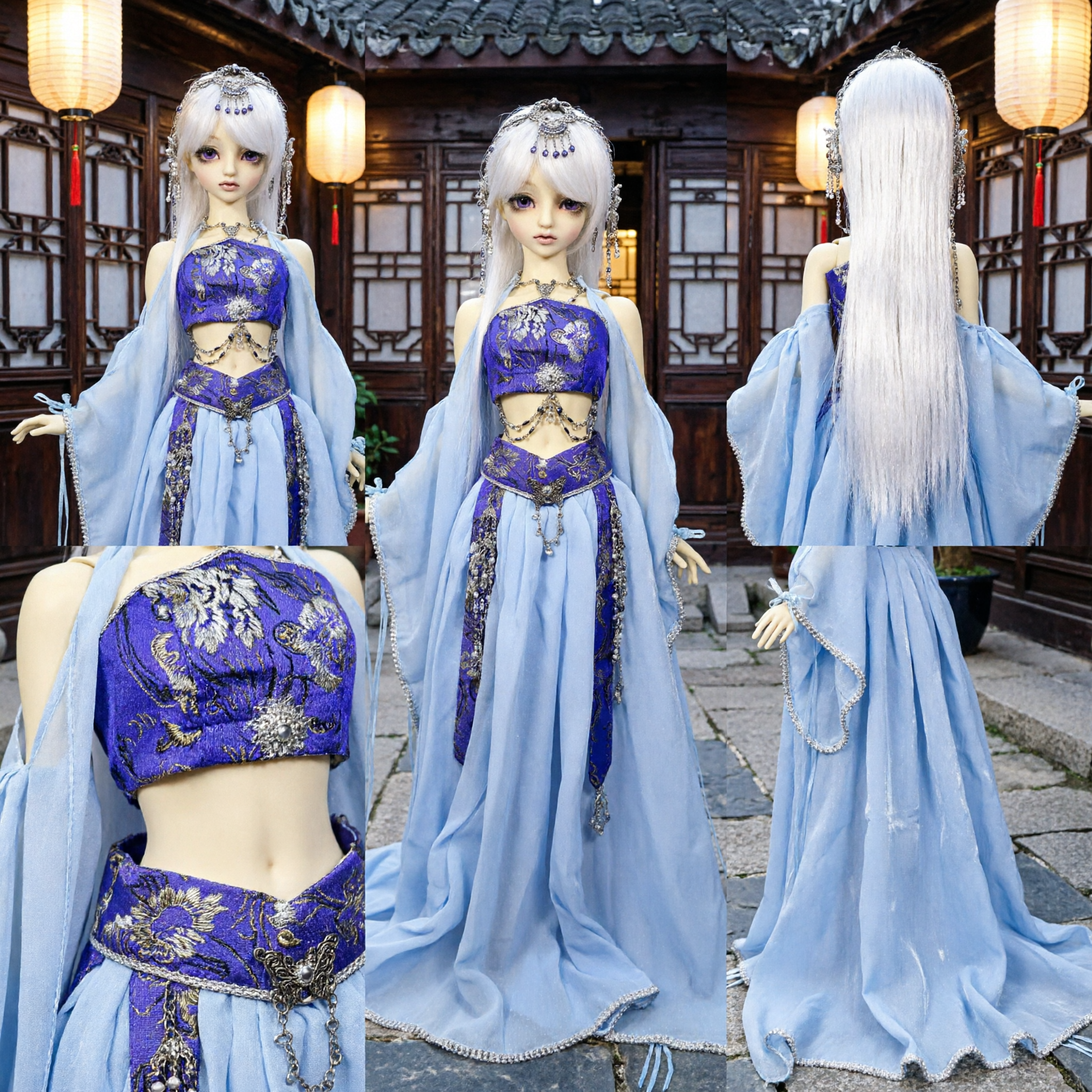 Elegant Blue Fantasy Hanfu Costume Set for 1/3 BJD SD Doll with Sheer Cape and Jewelry Accessories