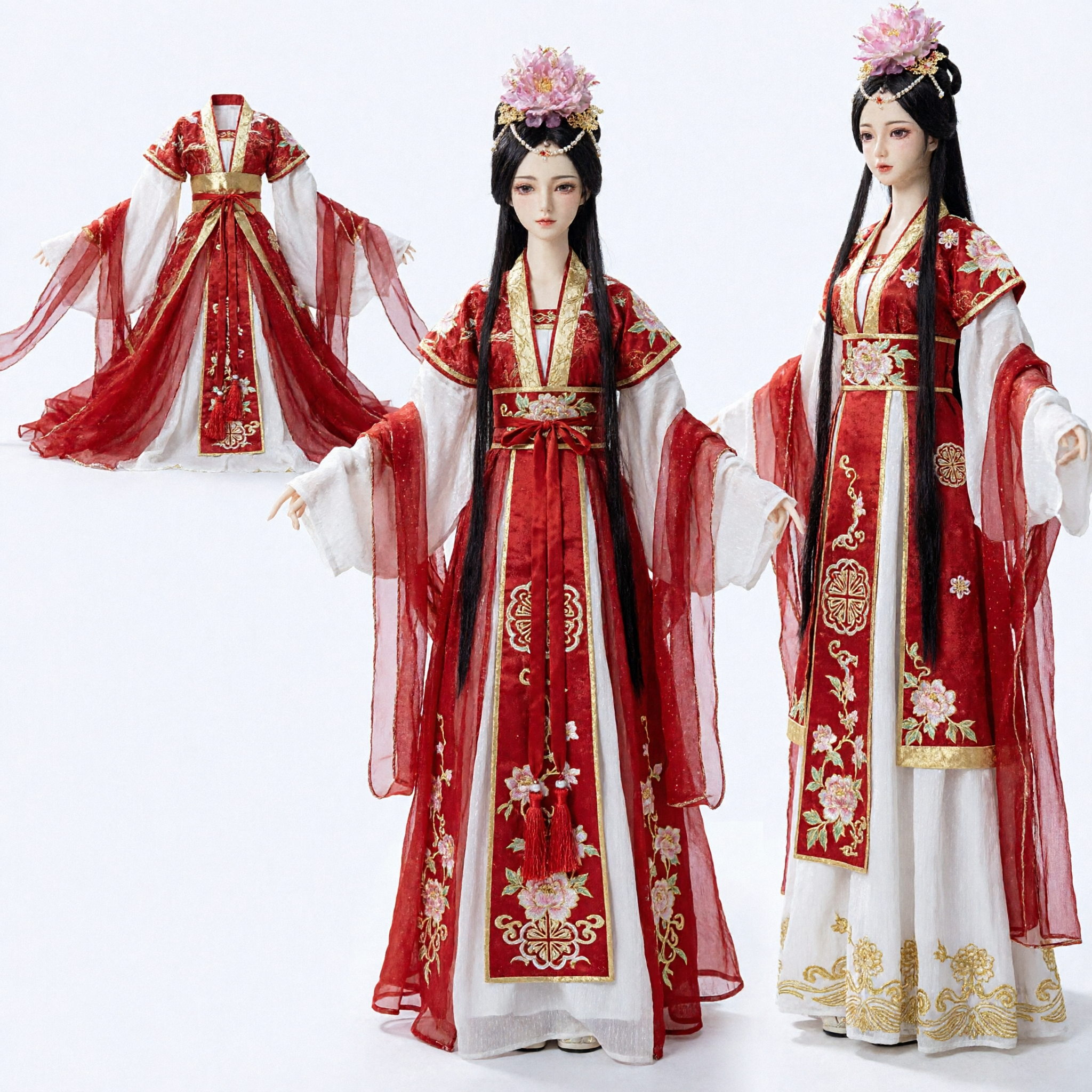 Exquisite Traditional Chinese BJD Doll in Red Hanfu Ancient Costume with Floral Headpiece for Collectors and Gift