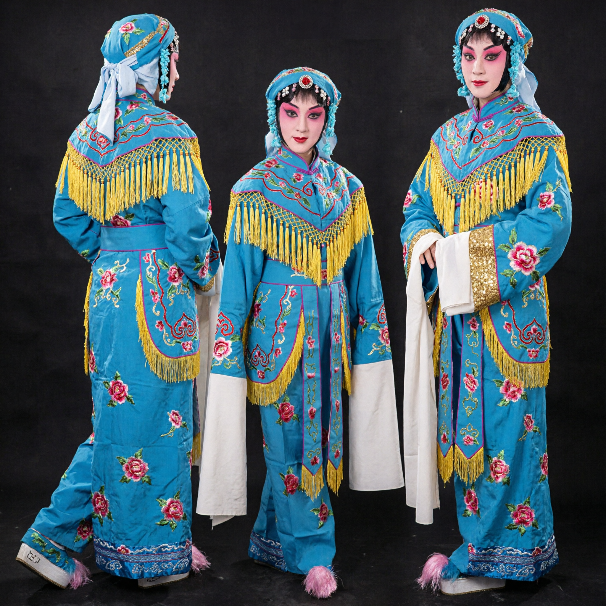 Traditional Blue Peking Opera Costume for Women Embroidered Dan Role Performance Outfit with Headdress