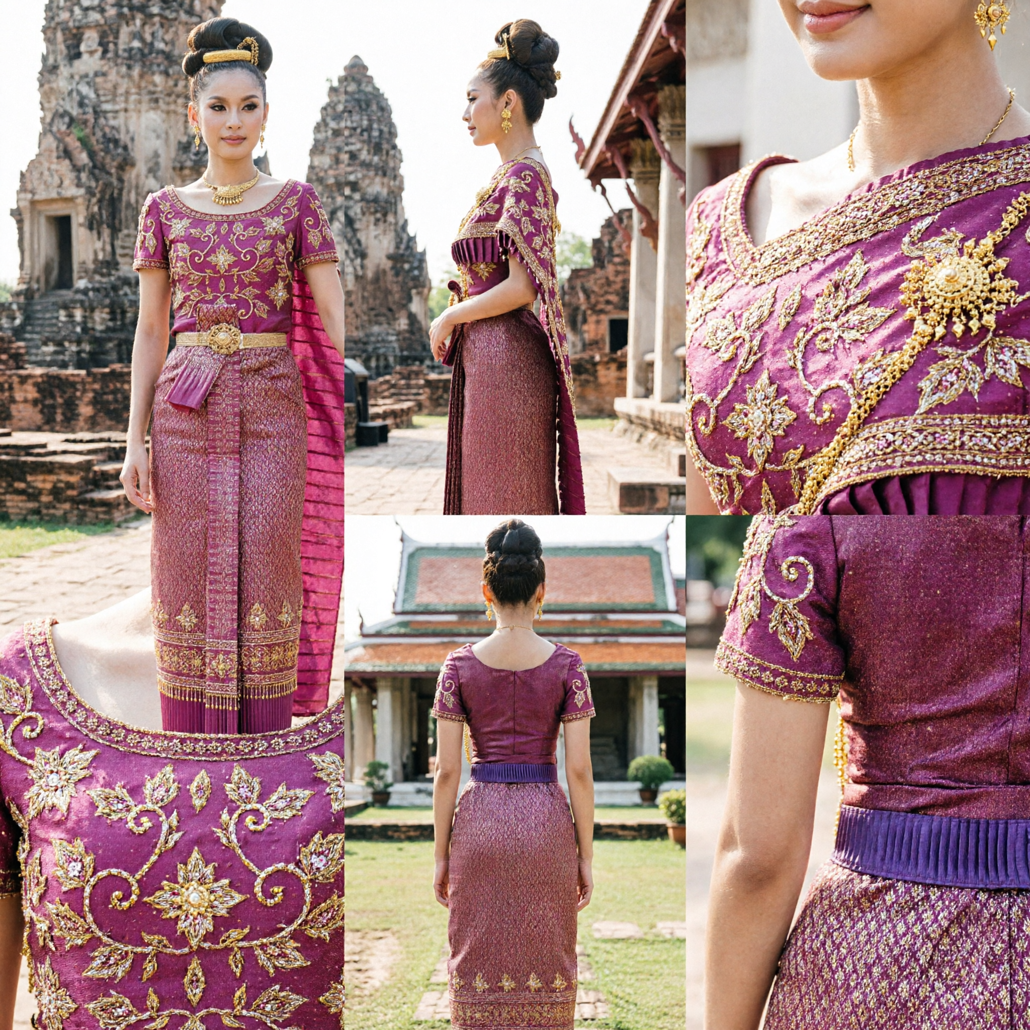 Elegant Pink Thai Traditional Silk Dress Chut Thai with Gold Embroidery for Women Formal Ceremonies