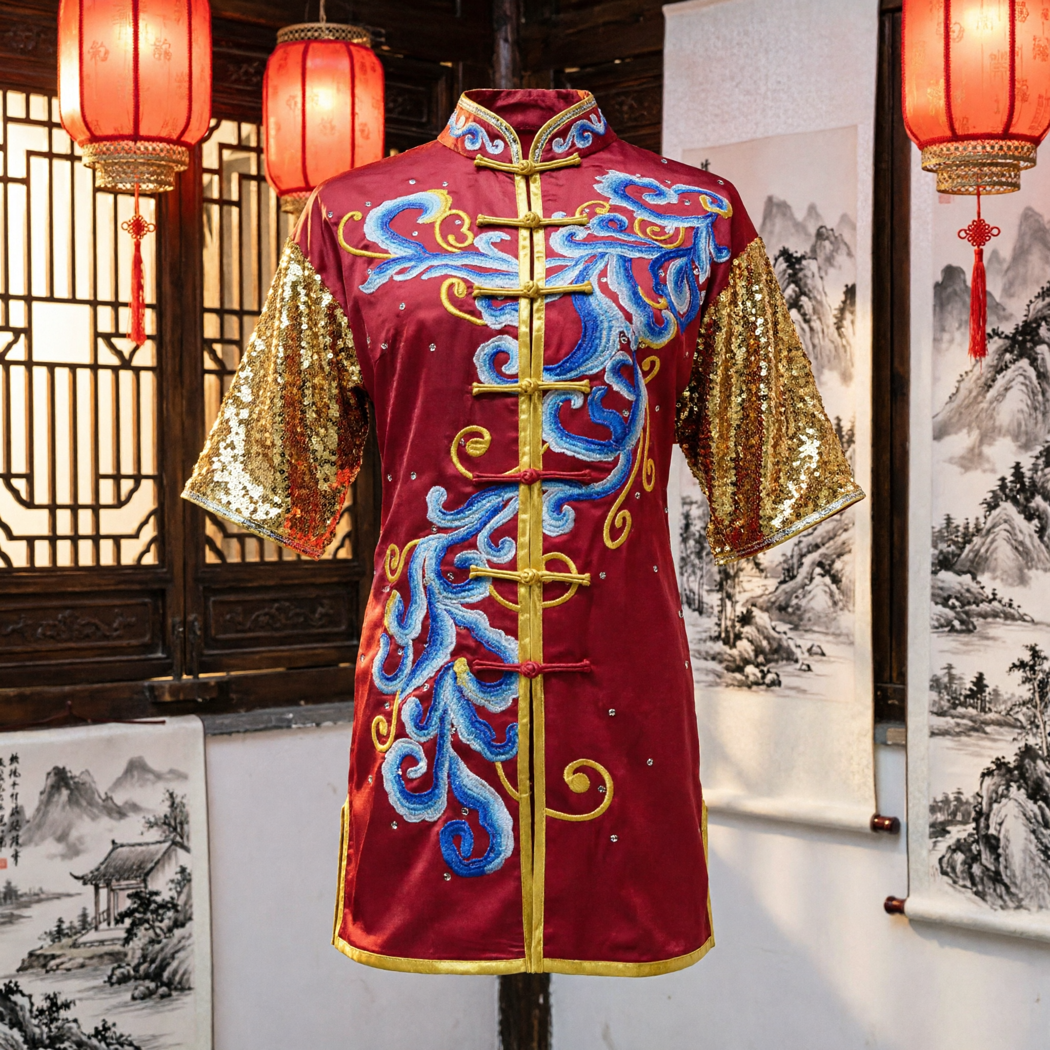 Women's Red Traditional Chinese Kung Fu Uniform Jacket with Gold Sequin Sleeves for Stage Performance