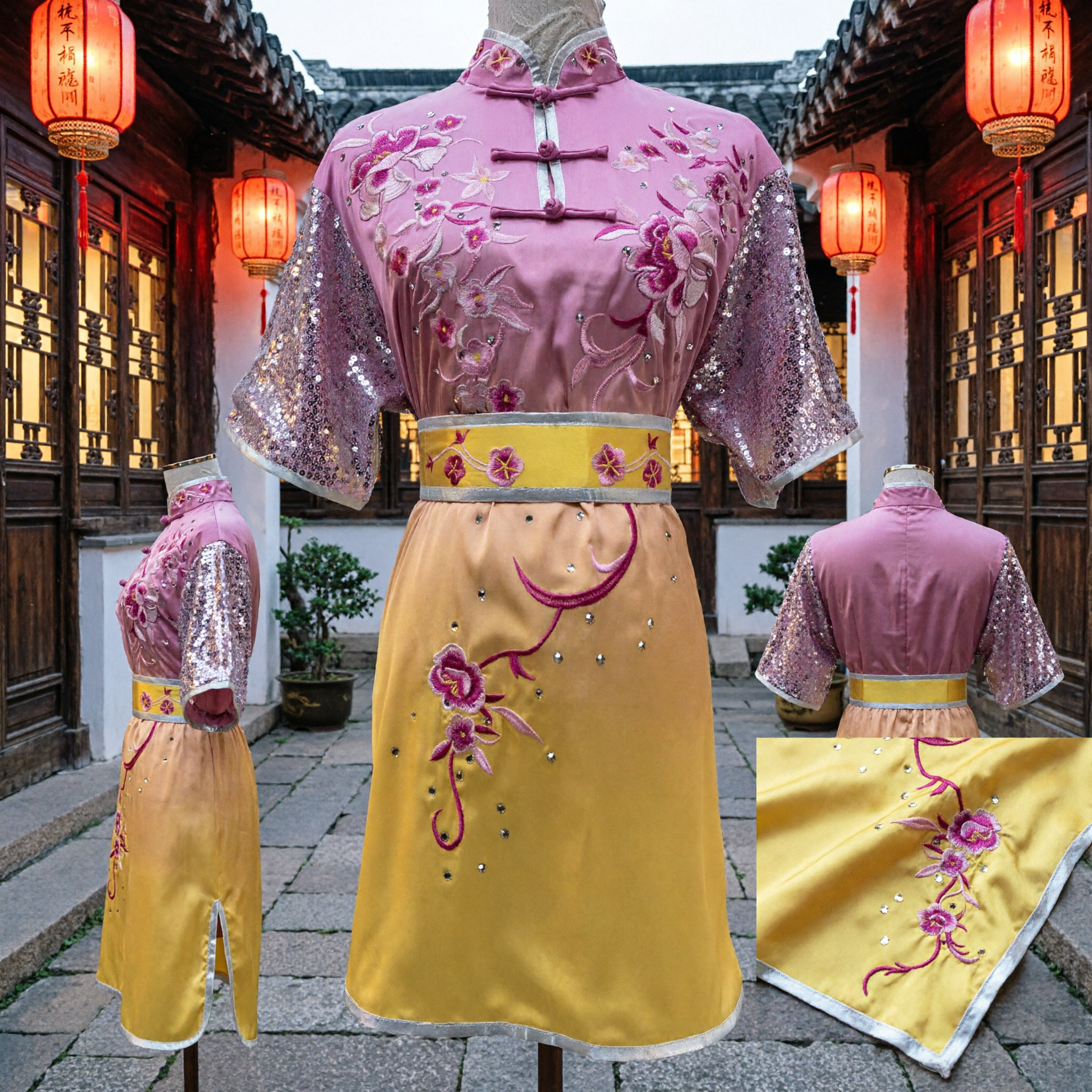 Traditional Chinese Fan Dance Costume Pink Floral Embroidery Top with Sequin Sleeves and Yellow Skirt