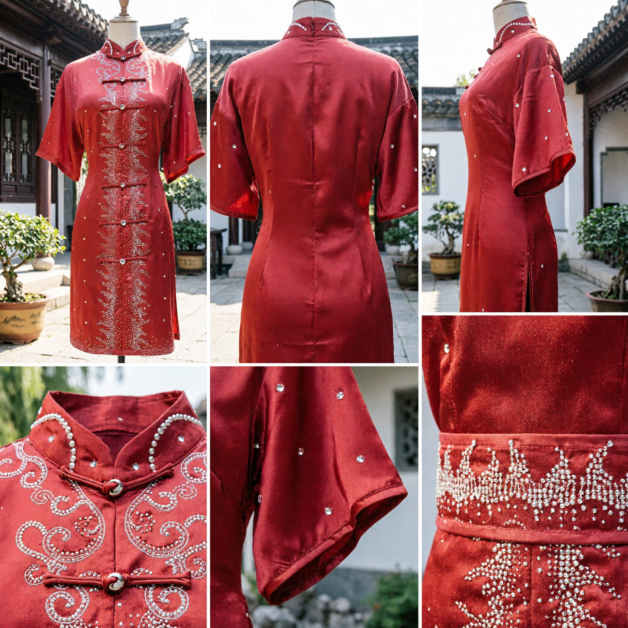 Traditional Chinese Red Wushu Kung Fu Uniform Martial Arts Performance Costume with Sparkling Rhinestone Dragon Motif