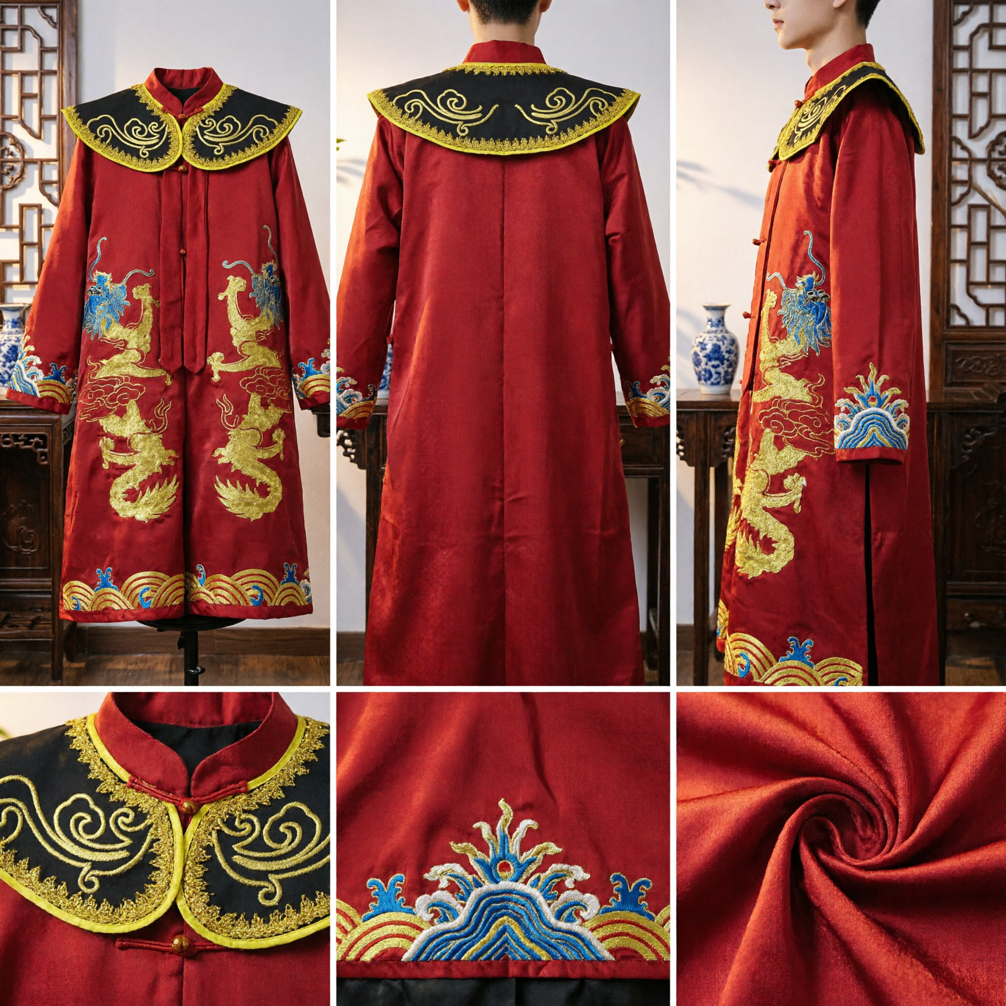 Chinese Peking Opera Red Dragon Embroidered Cape Cloak Traditional Stage Performance Costume for Men