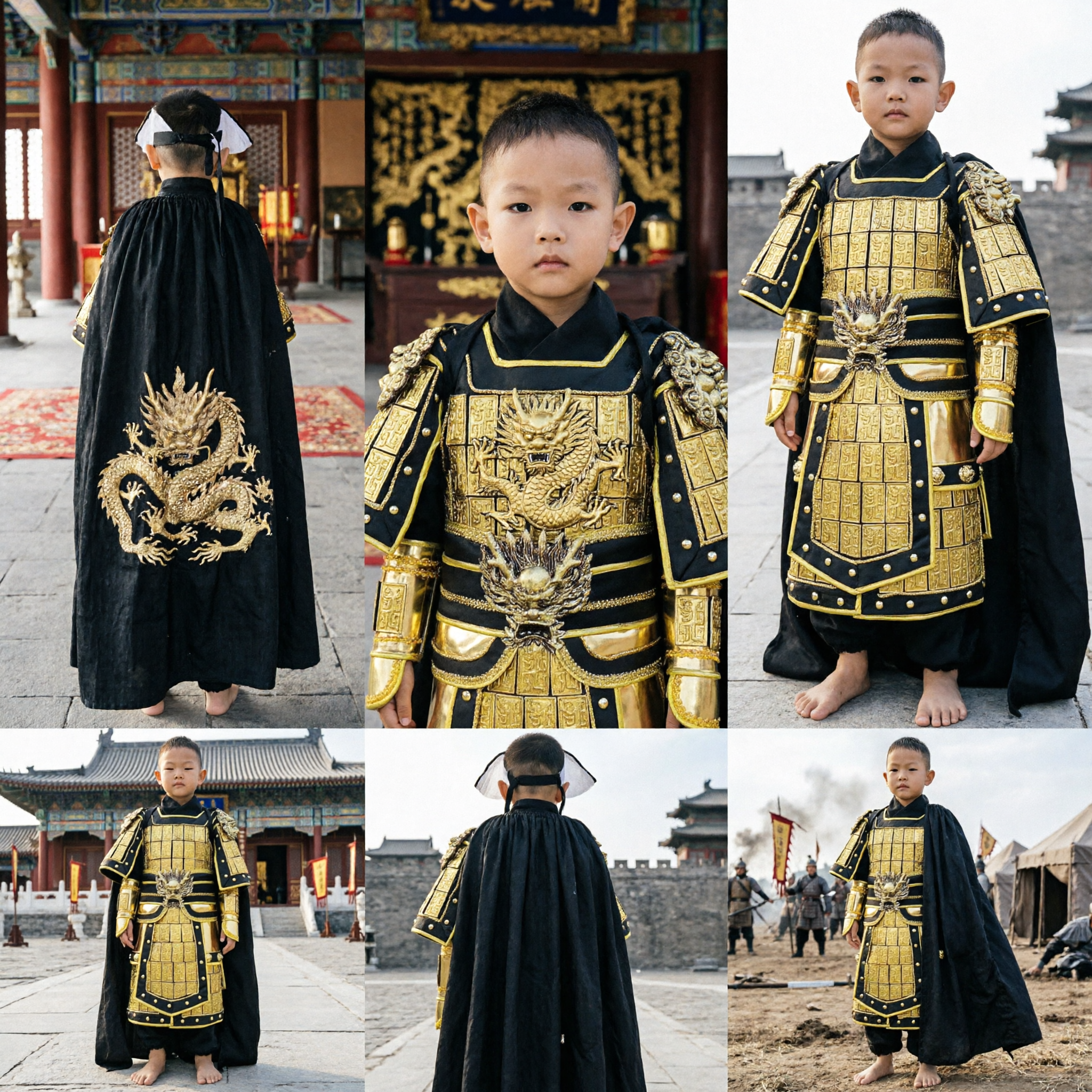 Traditional Chinese Ancient General Armor Costume Kids Boys Black Gold Warrior Outfit for Halloween Performance