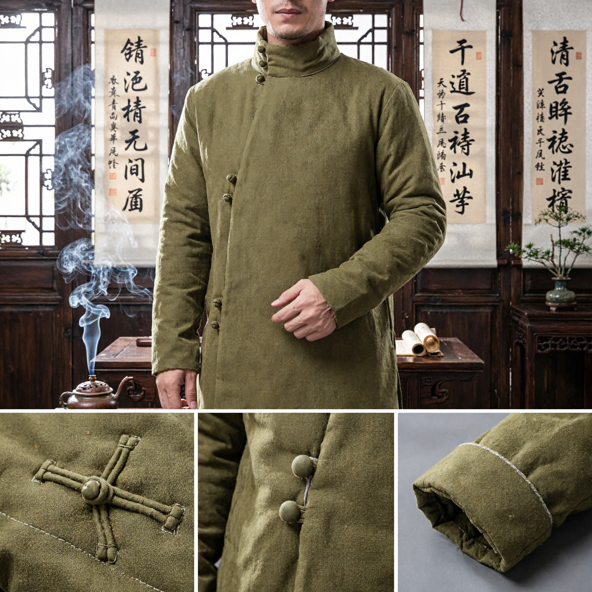 Men's Traditional Chinese Tang Suit Jacket Olive Green Mandarin Collar Cotton Coat Kung Fu Outfit for Autumn Winter