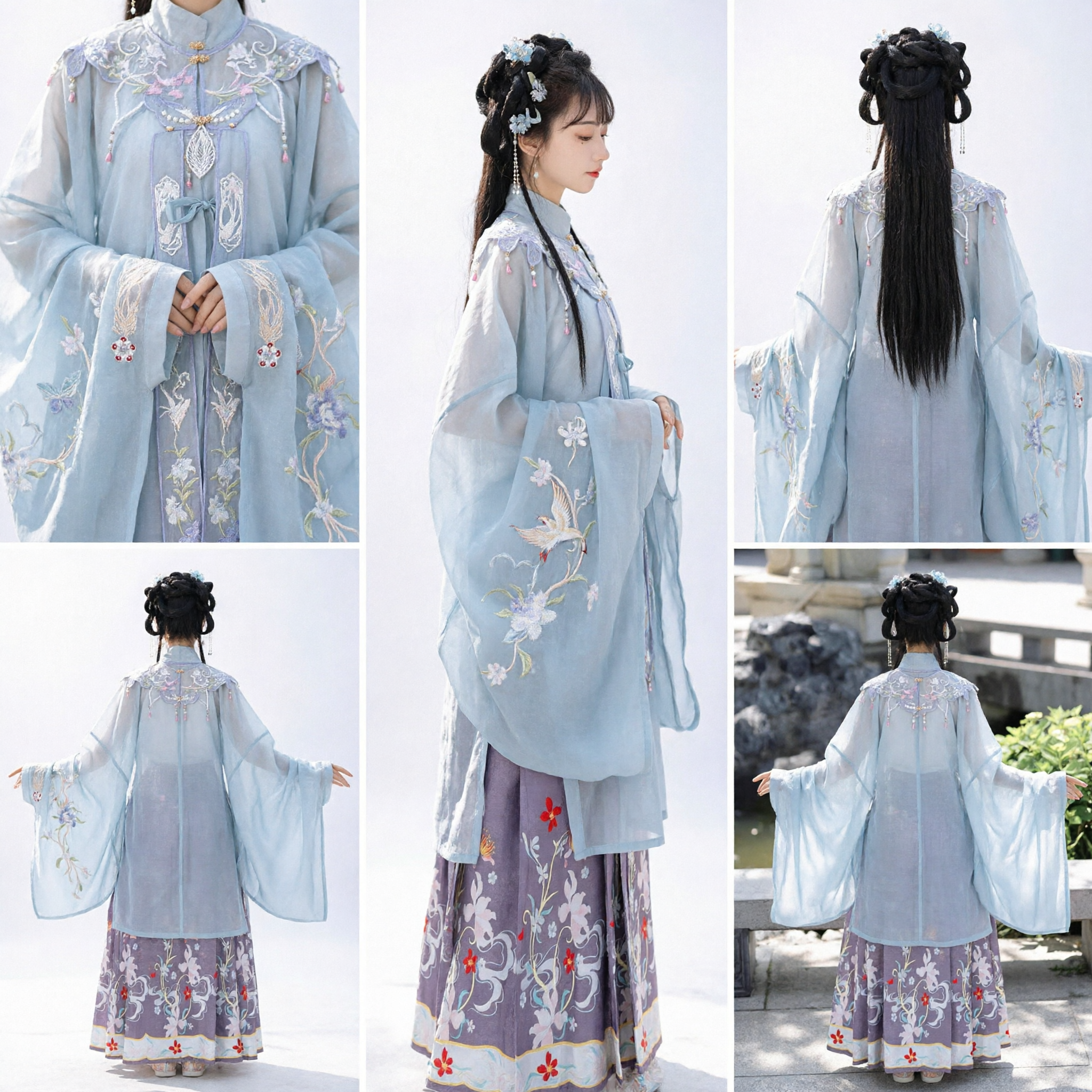 Women's Ming Dynasty Hanfu Traditional Chinese Costume Blue Sheer Top Purple Floral Skirt Set Ancient Clothing