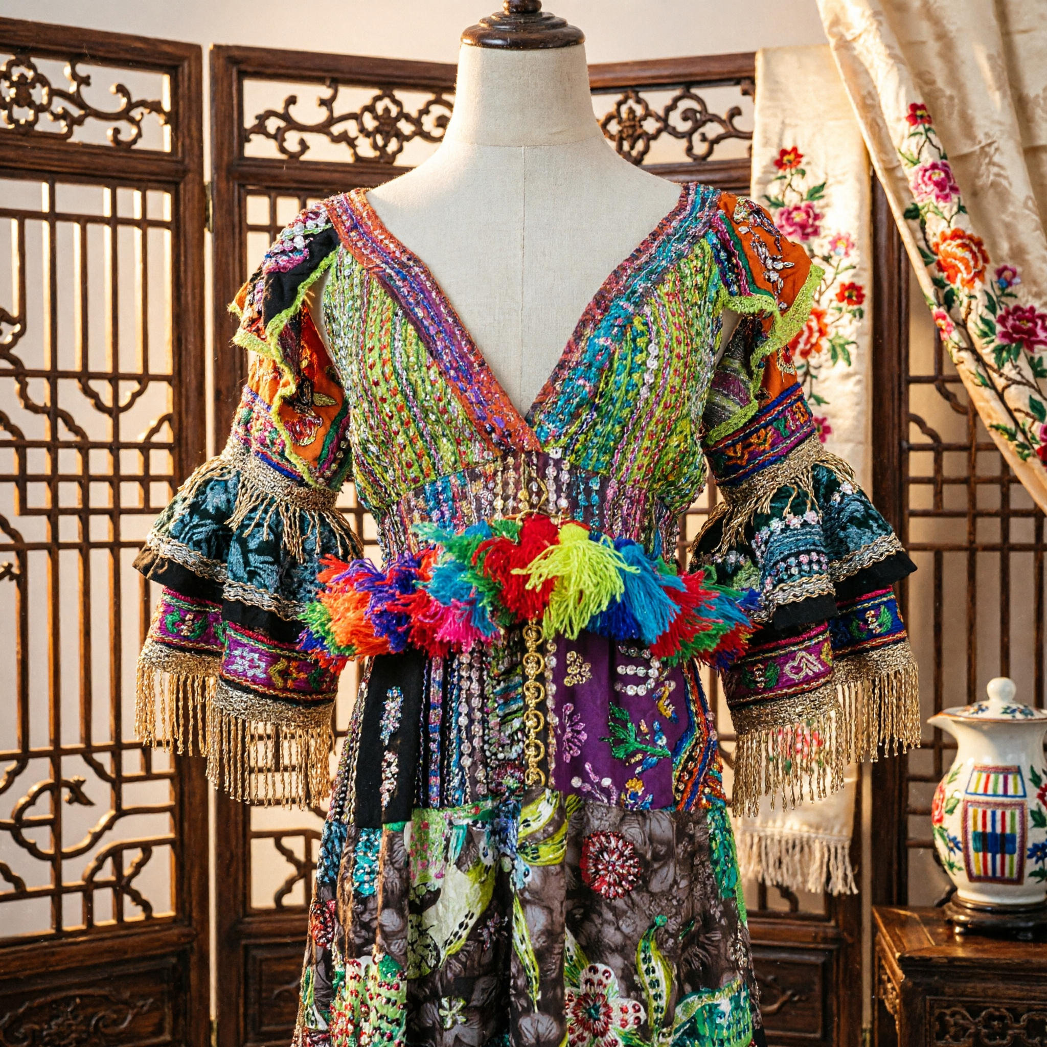 Colorful Bohemian Patchwork Dress with Fringe Tassels and Sequins for Women Festival Stage Costume