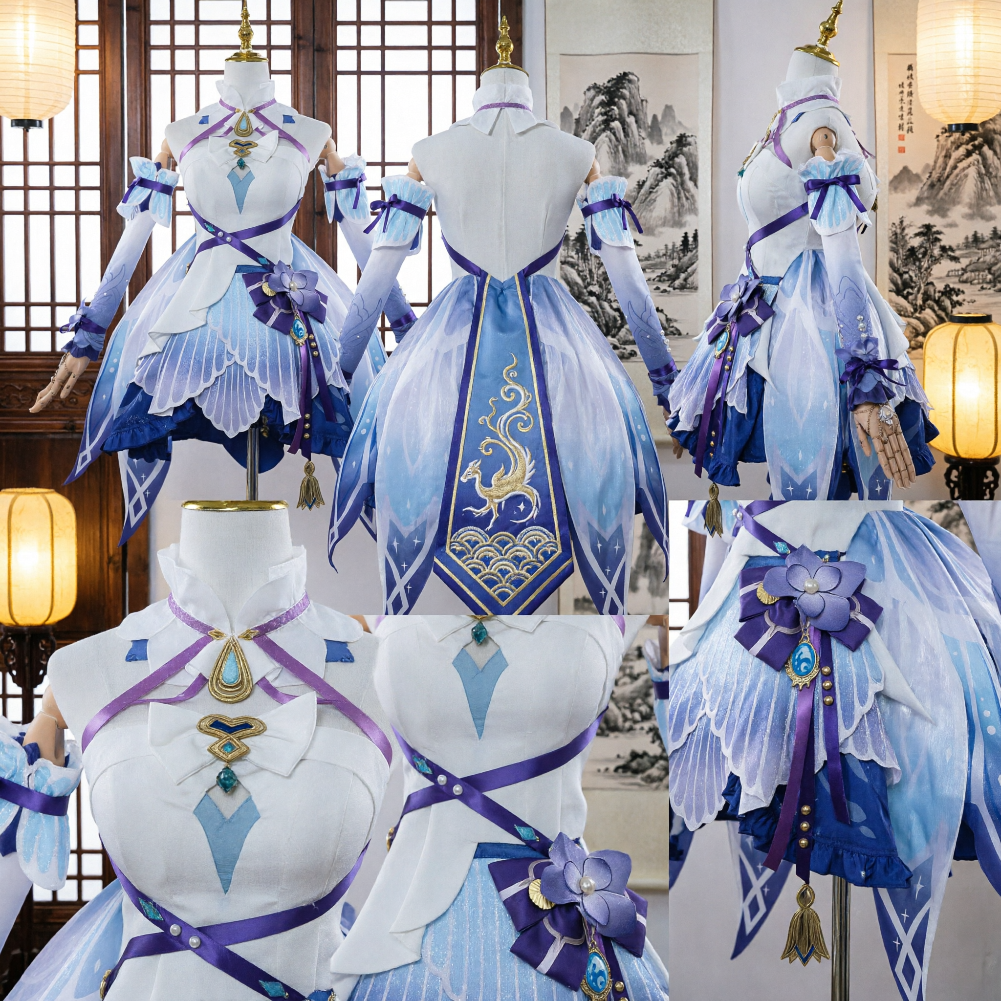 Genshin Impact Furina Cosplay Costume Full Set Elegant Blue White Dress for Halloween Parties