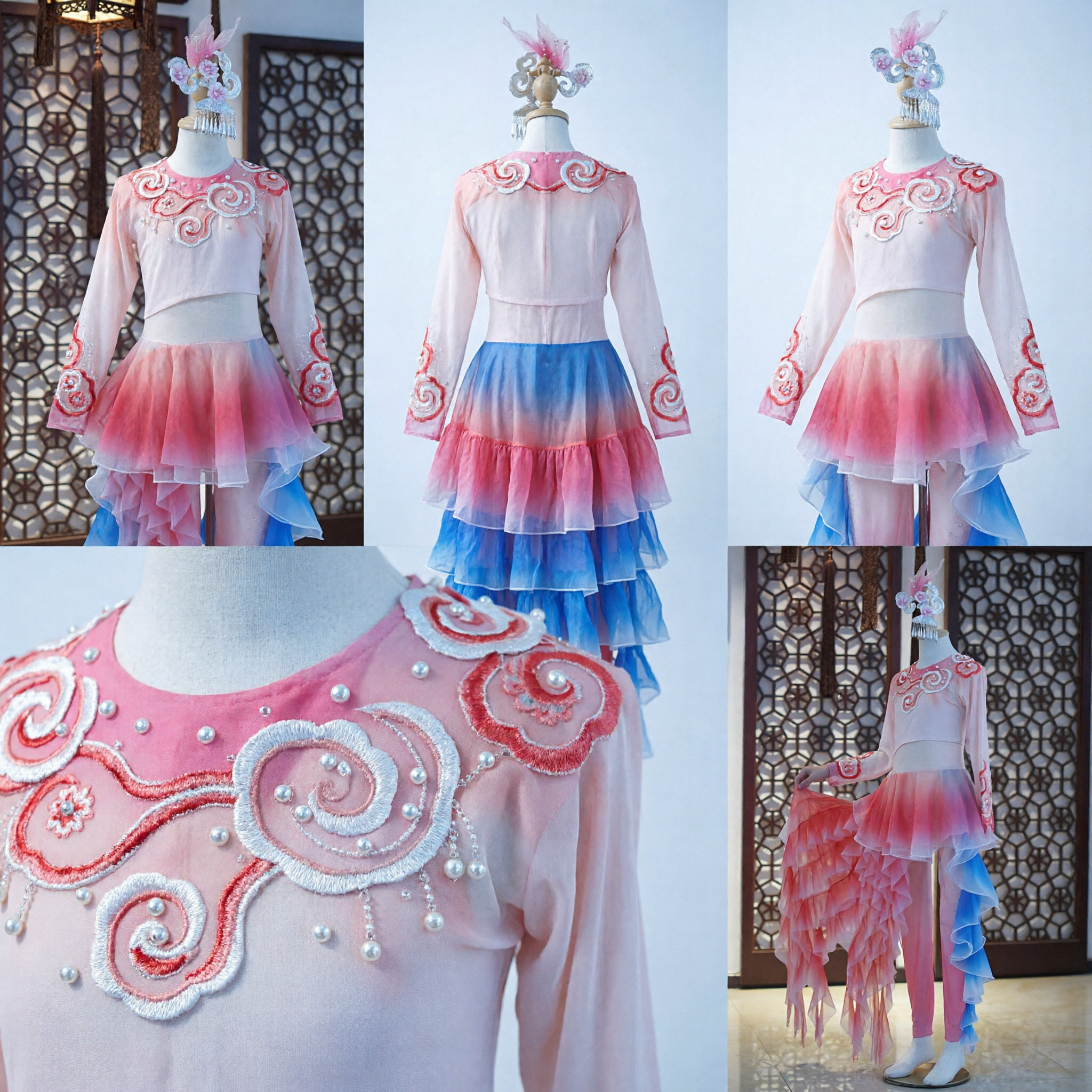 Traditional Chinese Folk Dance Costume Pink Gradient Ruffled Skirt Stage Performance Outfit for Women Girls with Headpiece