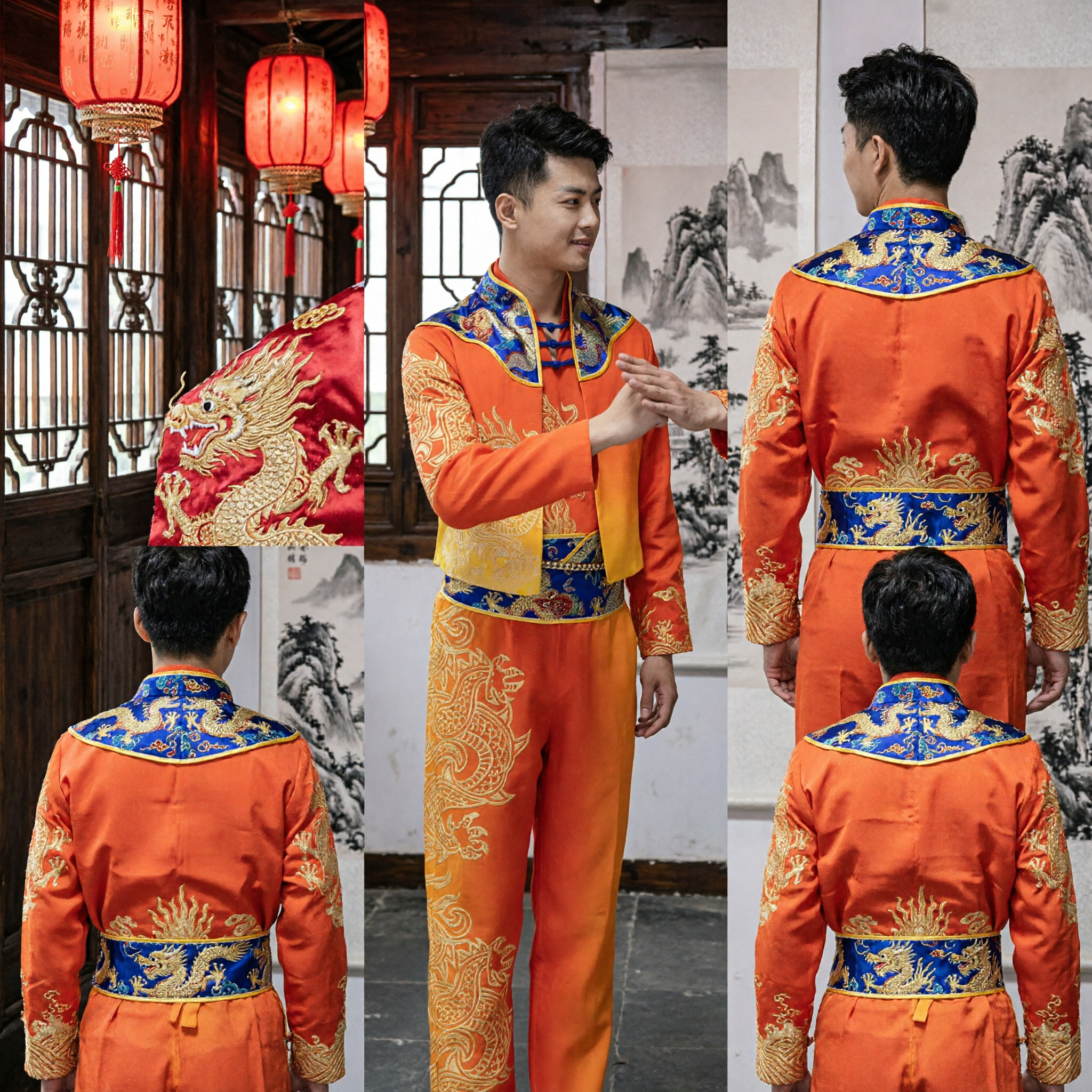 Men's Traditional Chinese Yangge Folk Dance Costume Orange Dragon Embroidery Stage Performance Outfit Set