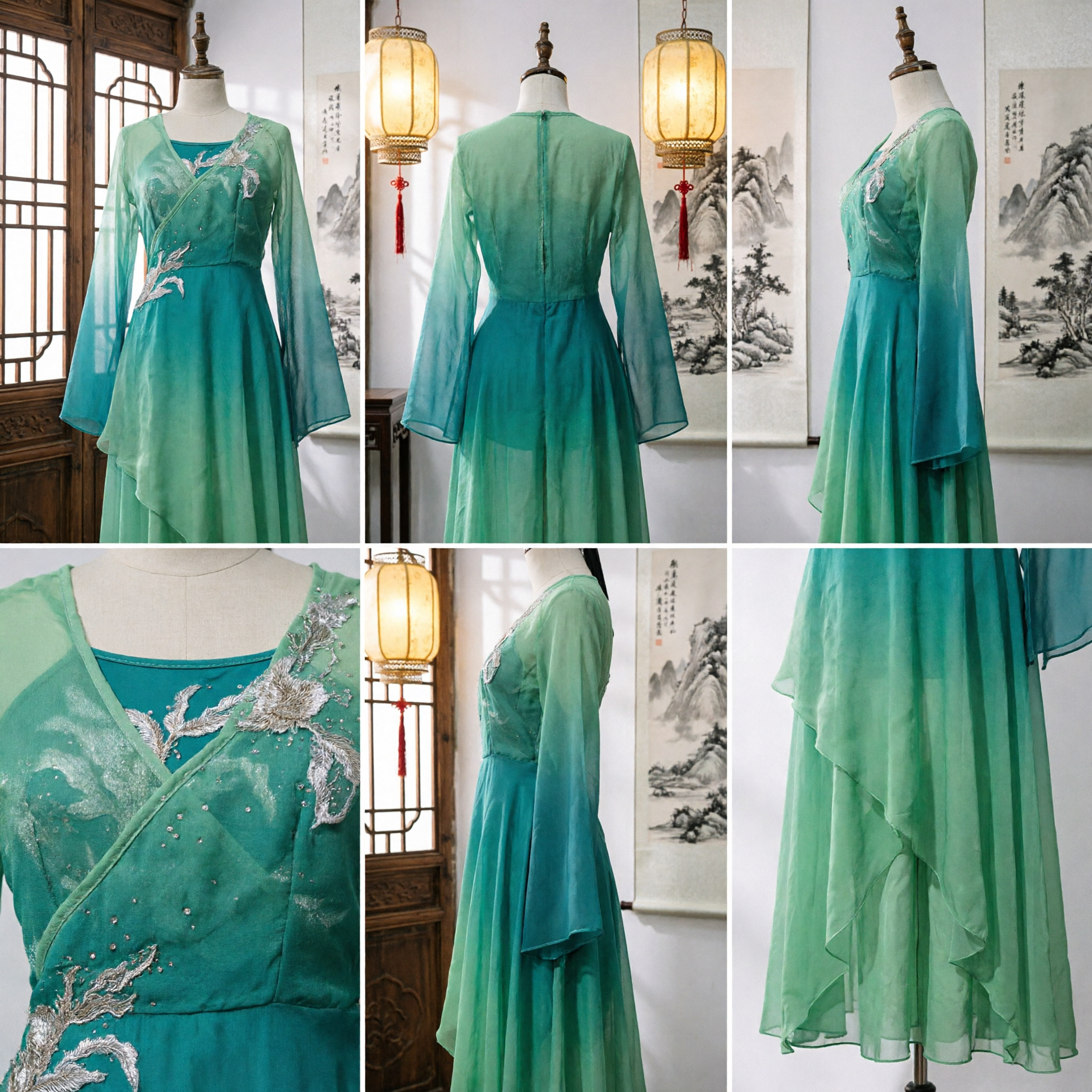 Elegant Green Gradient Hanfu Traditional Chinese Ancient Fairy Dress with Silver Embroidery for Stage Dance Performance