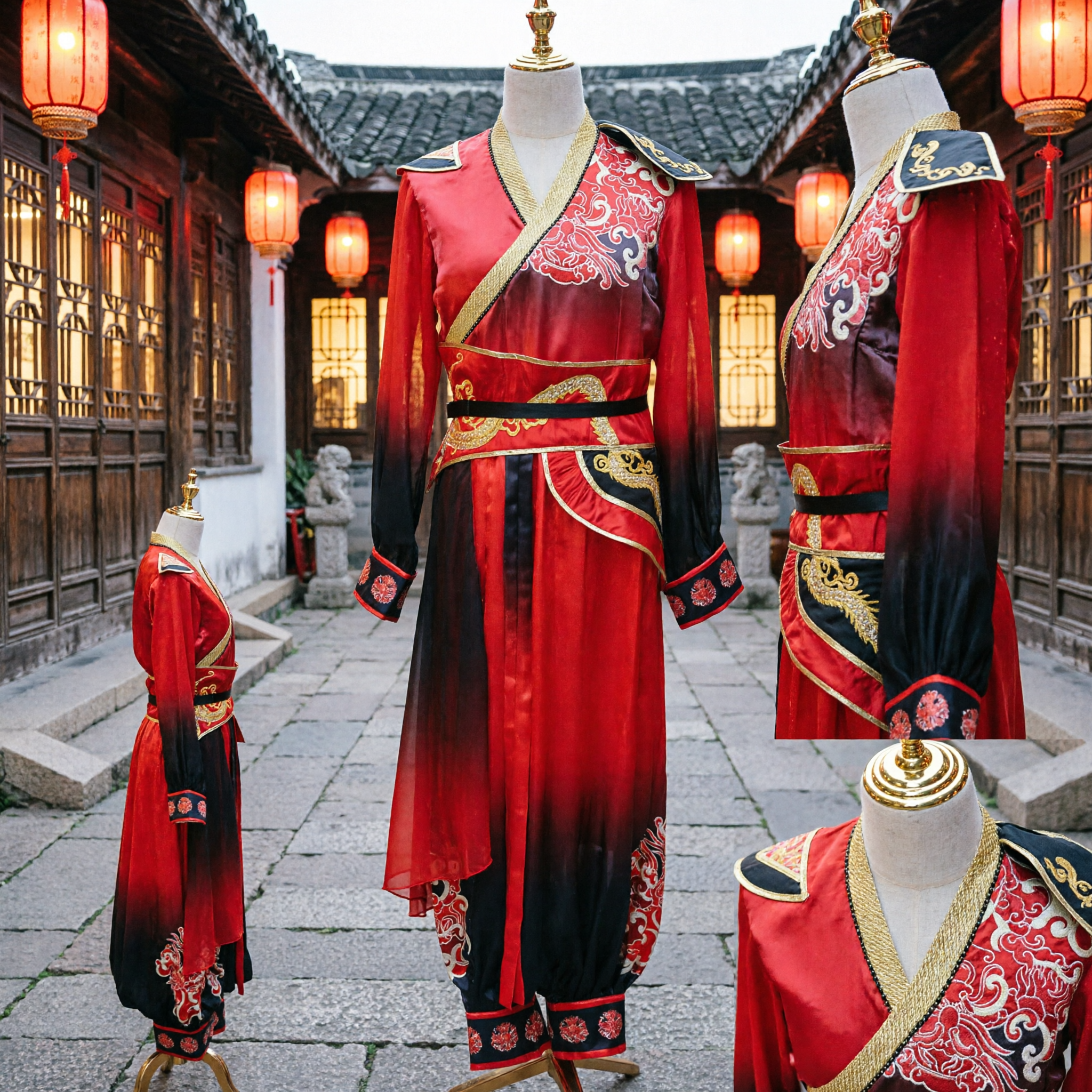 Traditional Chinese Red Ancient General Hanfu Costume Men Dragon Embroidery Warrior Performance Outfit