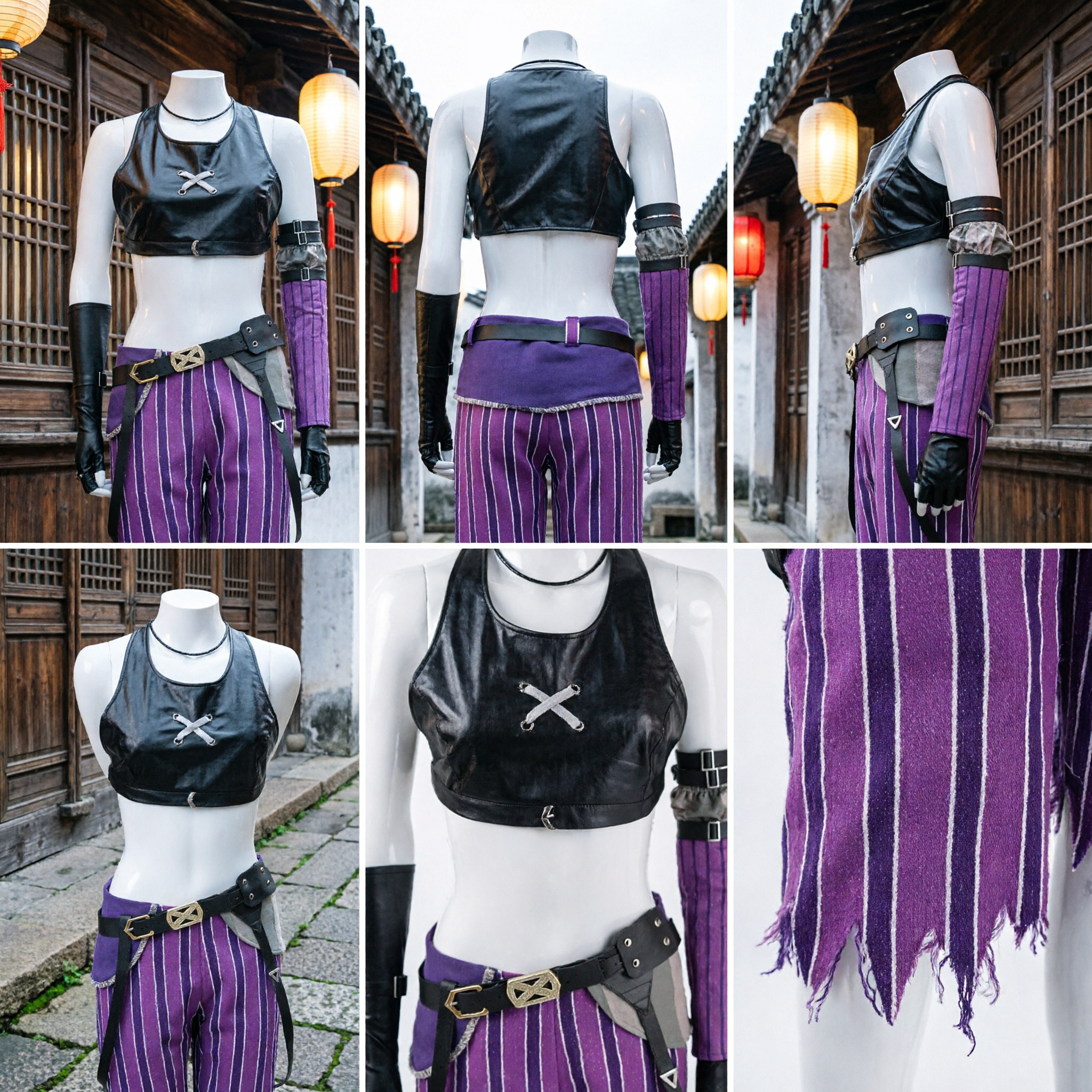Women's Jinx League of Legends Cosplay Costume Purple Striped Pants Black Halter Top Halloween Party Outfit