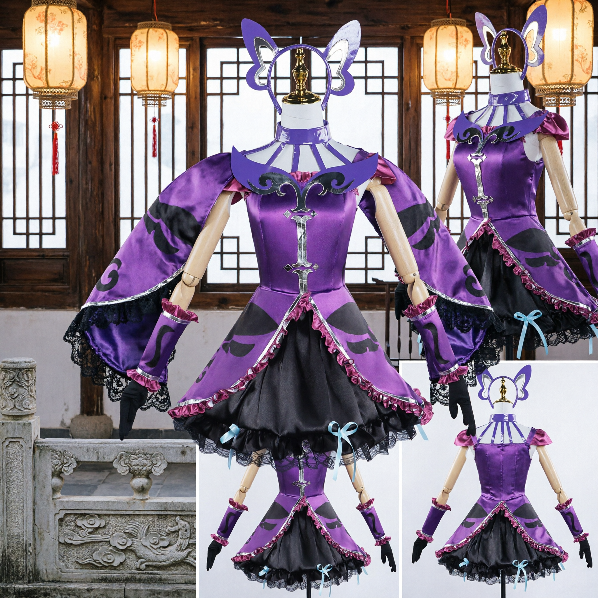 Purple Magical Girl Anime Cosplay Costume Dress with Cat Ears Headband for Kids Girls Halloween Party