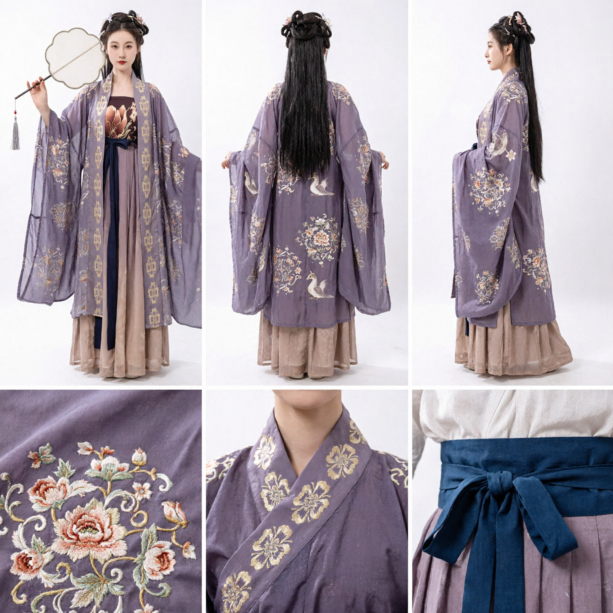 Women's Traditional Chinese Hanfu Costume Purple Floral Embroidered Outer Robe and Skirt Set Ancient Clothing