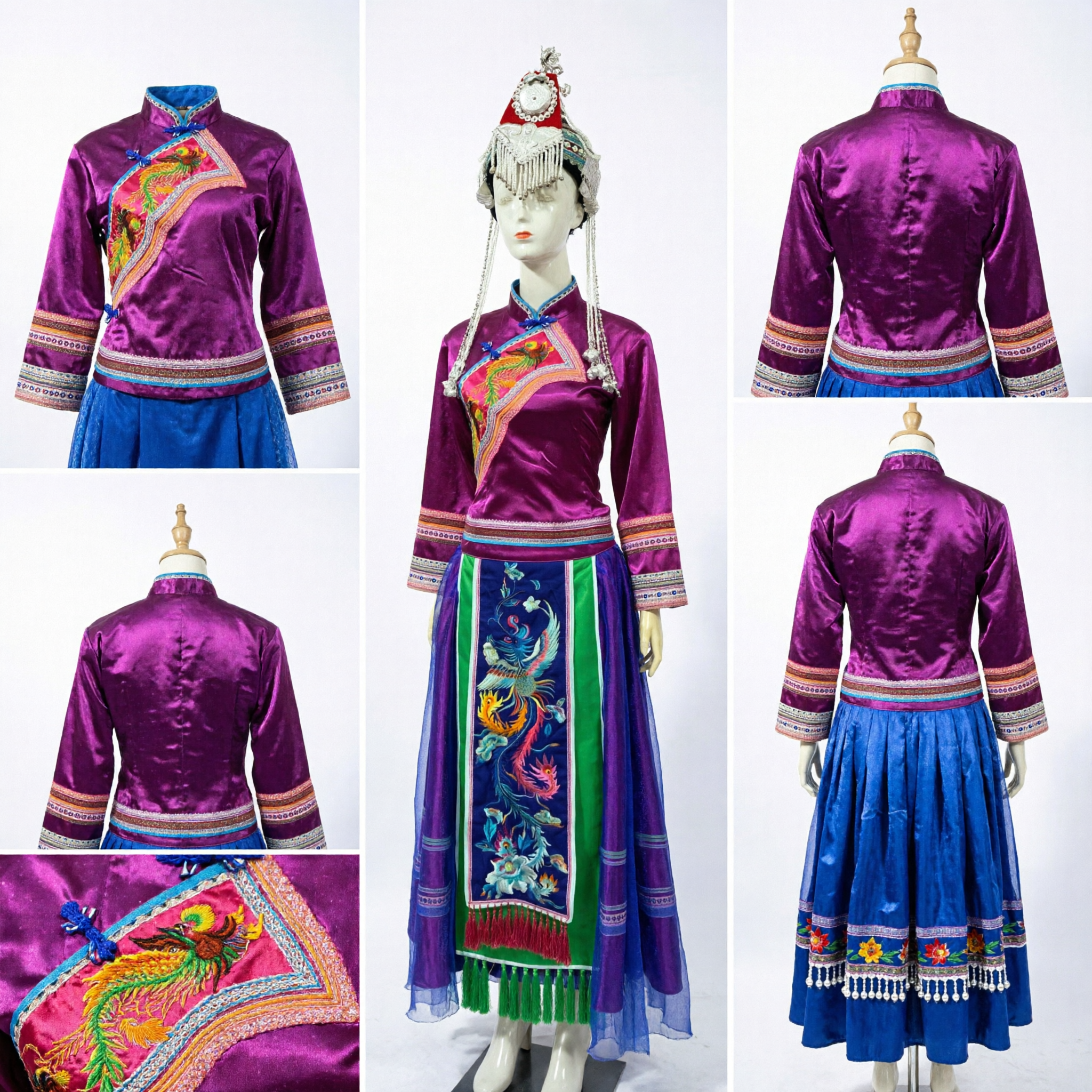 Traditional Chinese Miao Ethnic Minority Purple Phoenix Embroidery Dress with Silver Headdress Complete Set for Stage Dance Performance