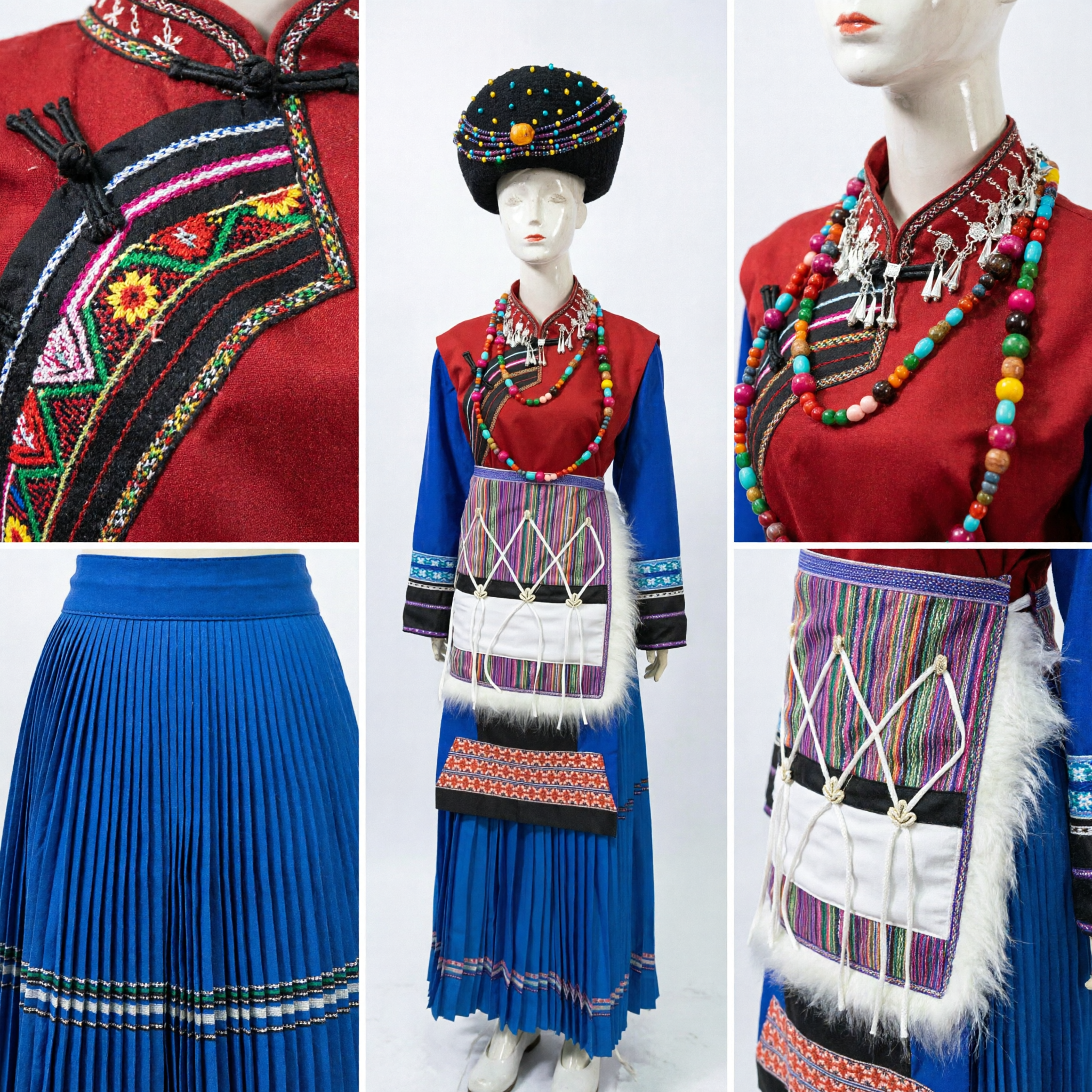 Traditional Chinese Ethnic Minority Costume Women's Folk Dance Outfit Complete Set with Beaded Hat and Apron